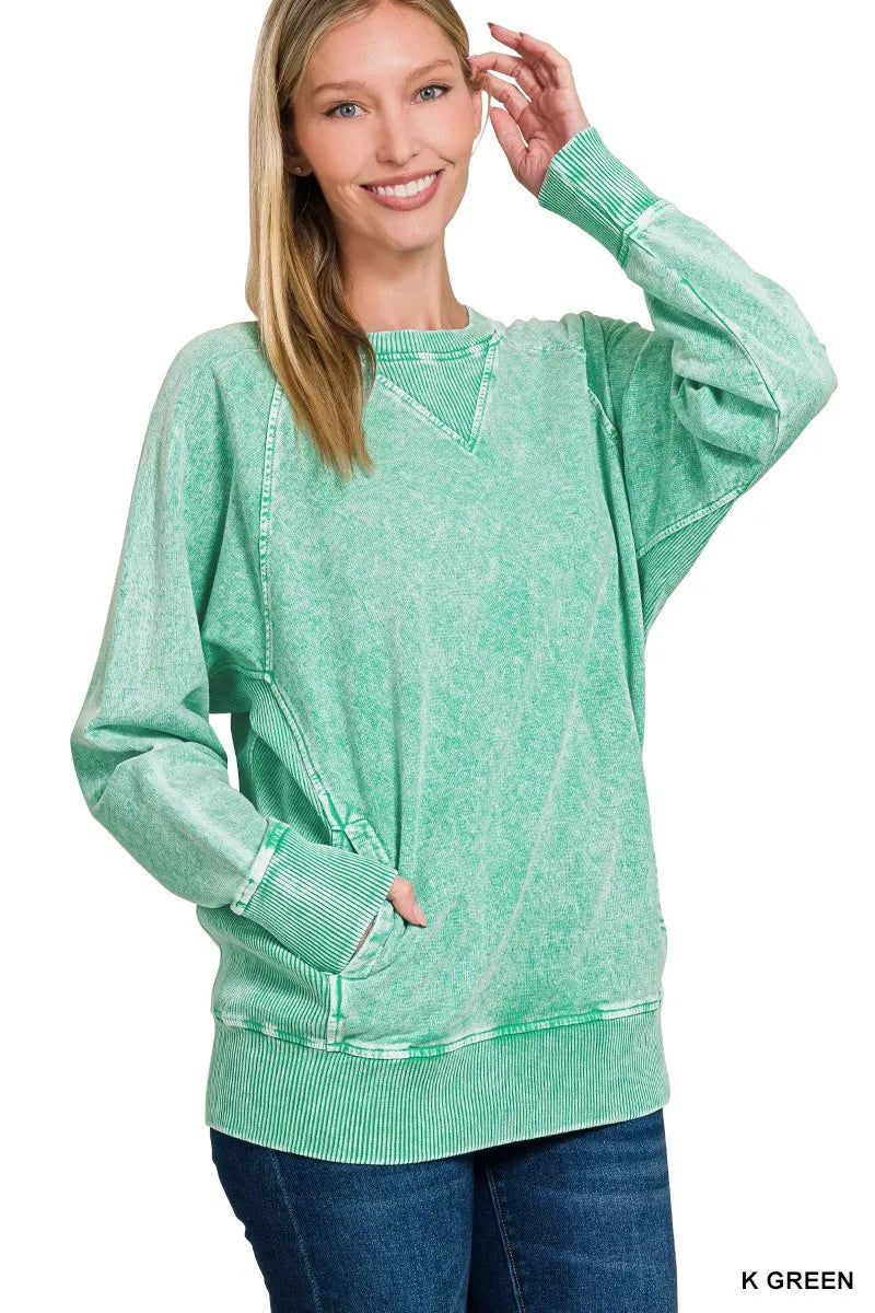 Zenana Halo Snow Washed French Terry Round Neck Sweatshirt