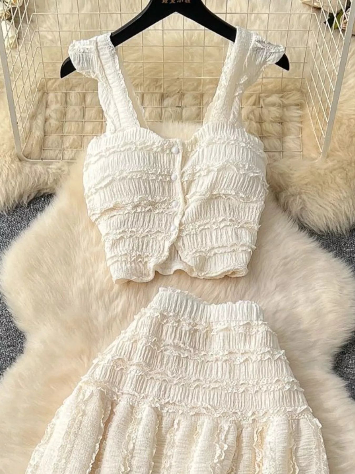 Textured Crop Top and Tiered Skirt Set