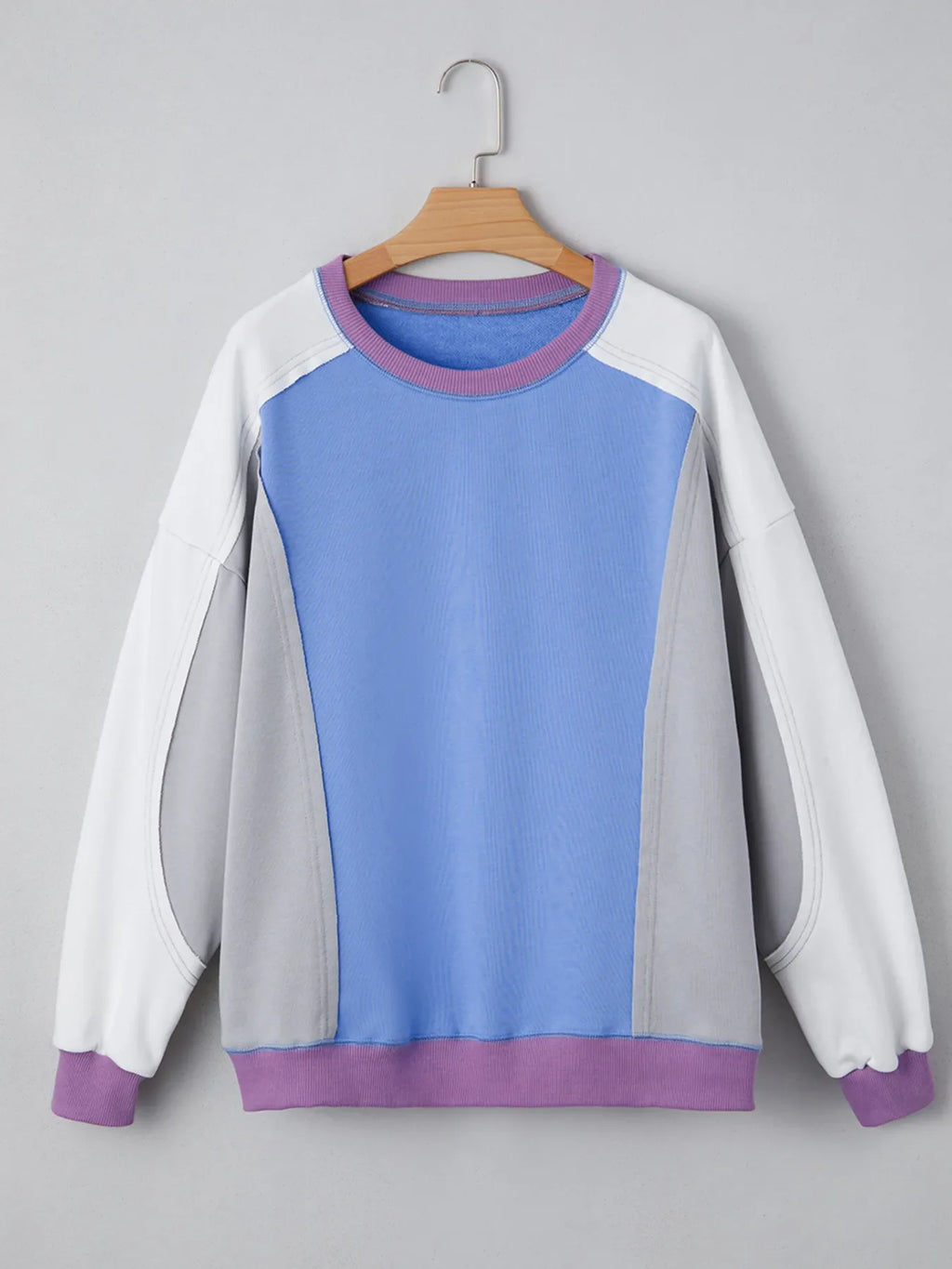 Exposed Seam Colorblock Patchwork Ribbed Trim Sweatshirt