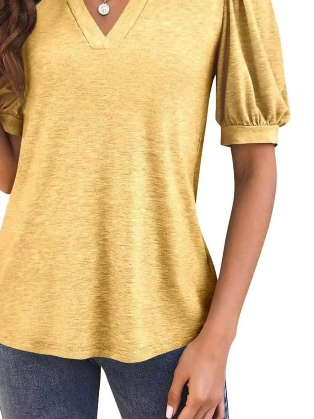 Puff Sleeve Notched Casual T-Shirt