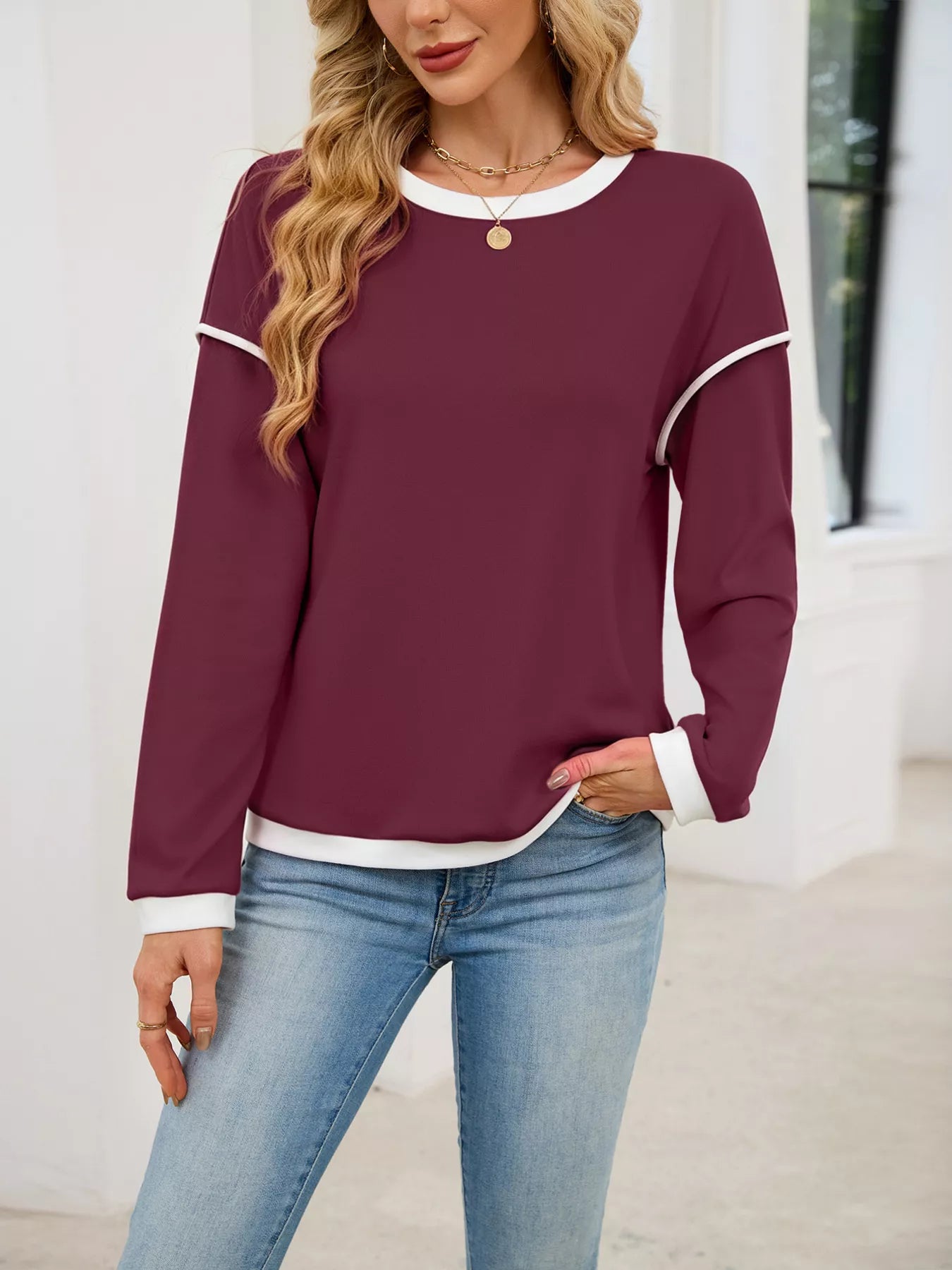 Contrast Trim Long Sleeve Sweatshirt