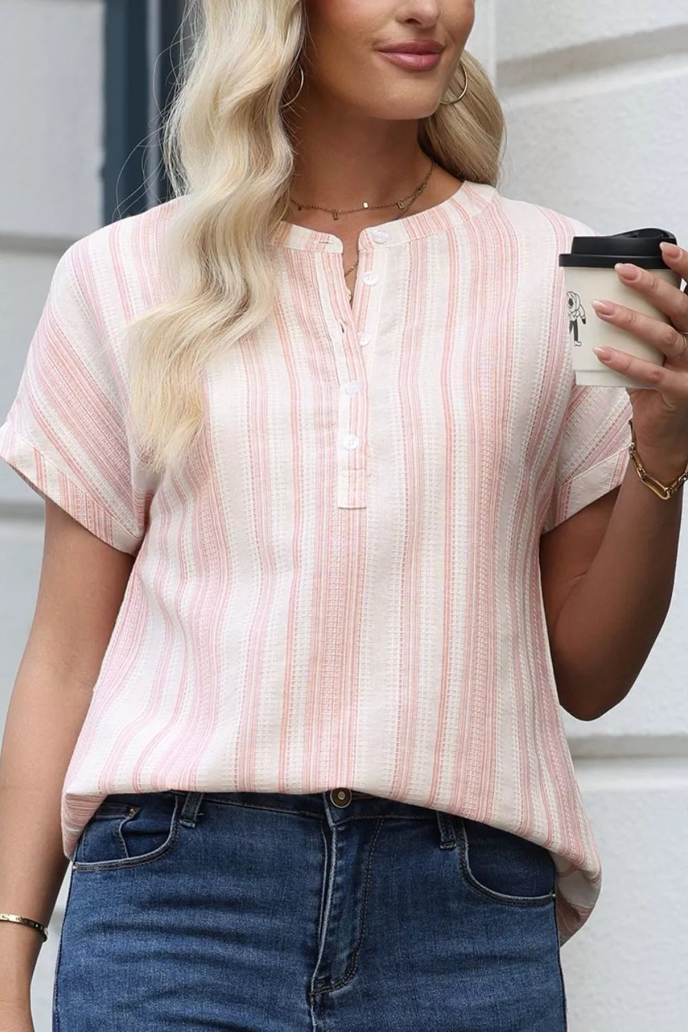 Striped Button Detail Short Sleeve Blouse