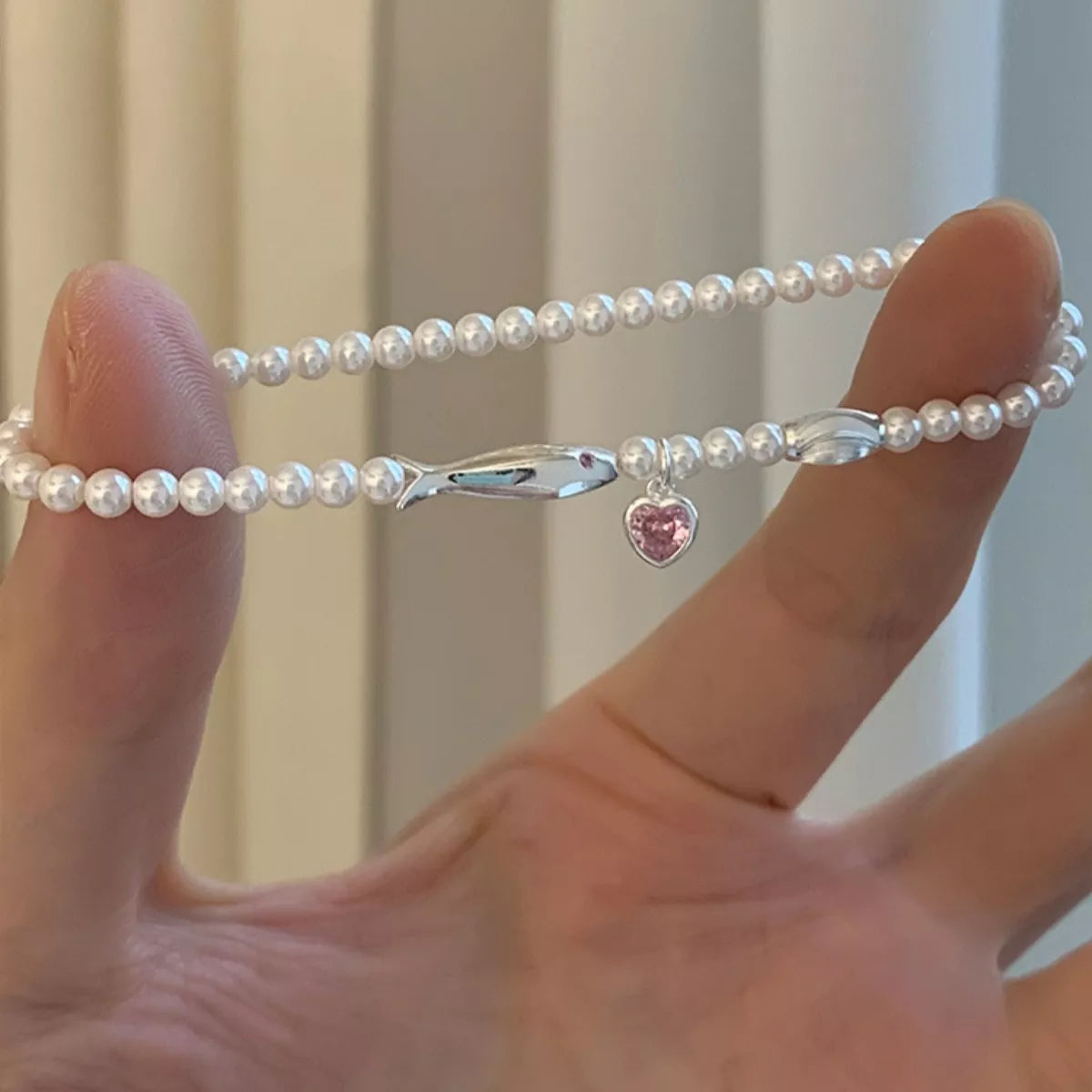 Pearl Fish Bracelet with Heart Charm
