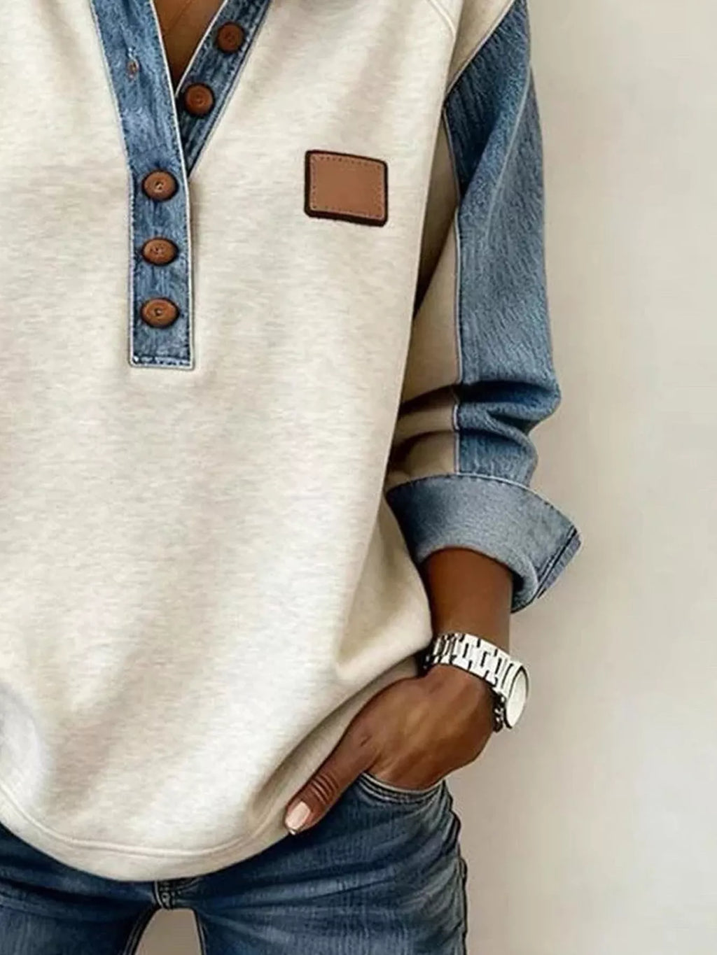 Denim Trim Button Detail Sweatshirt