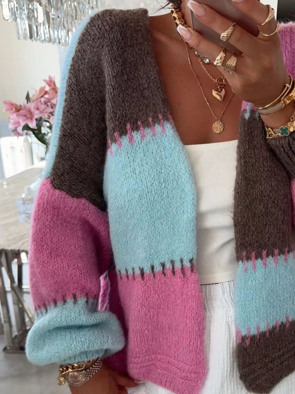 Color Block Open Front Cardigan
