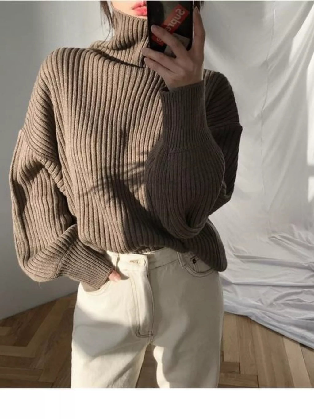 Oversized Turtleneck Ribbed Knit Sweater