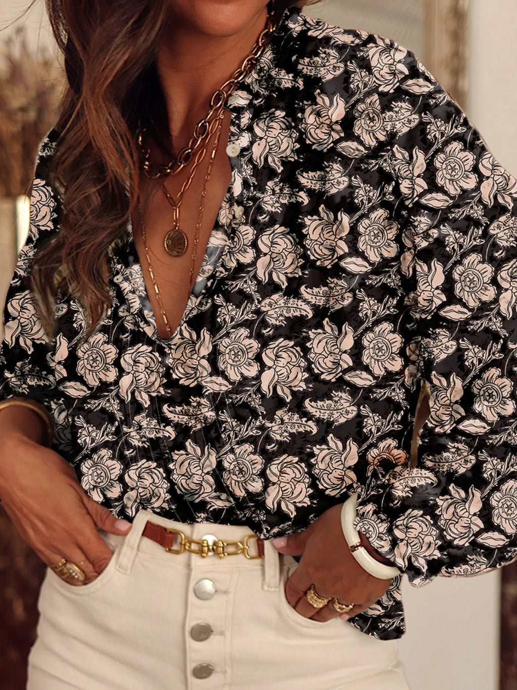 Floral Print Split Neck Pleated Long Sleeve Blouse