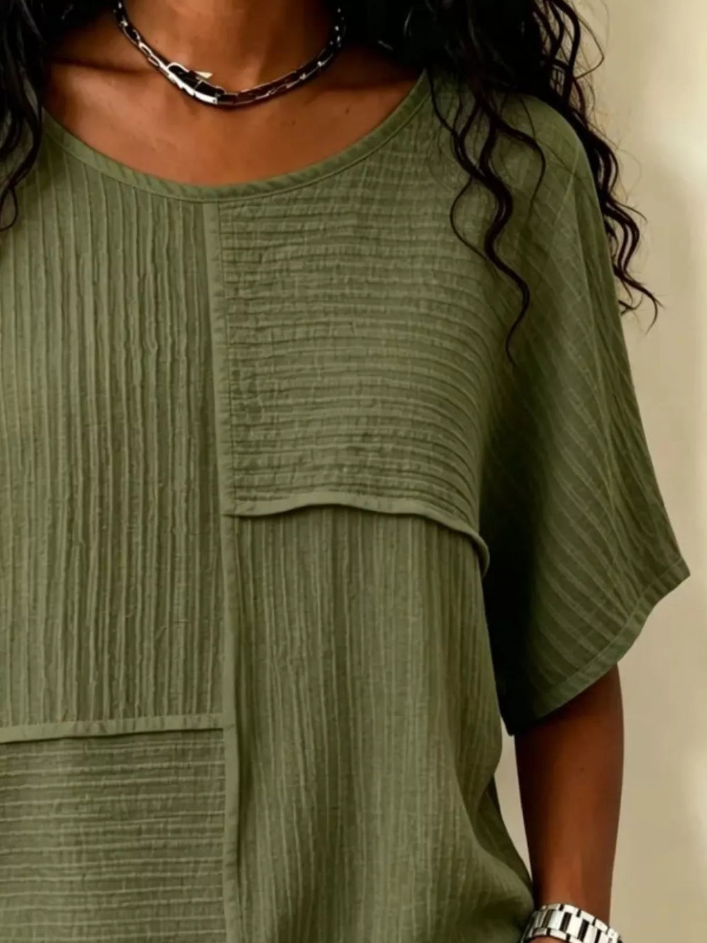 Full Size Texture Round Neck Half Sleeve Blouse Plus Size