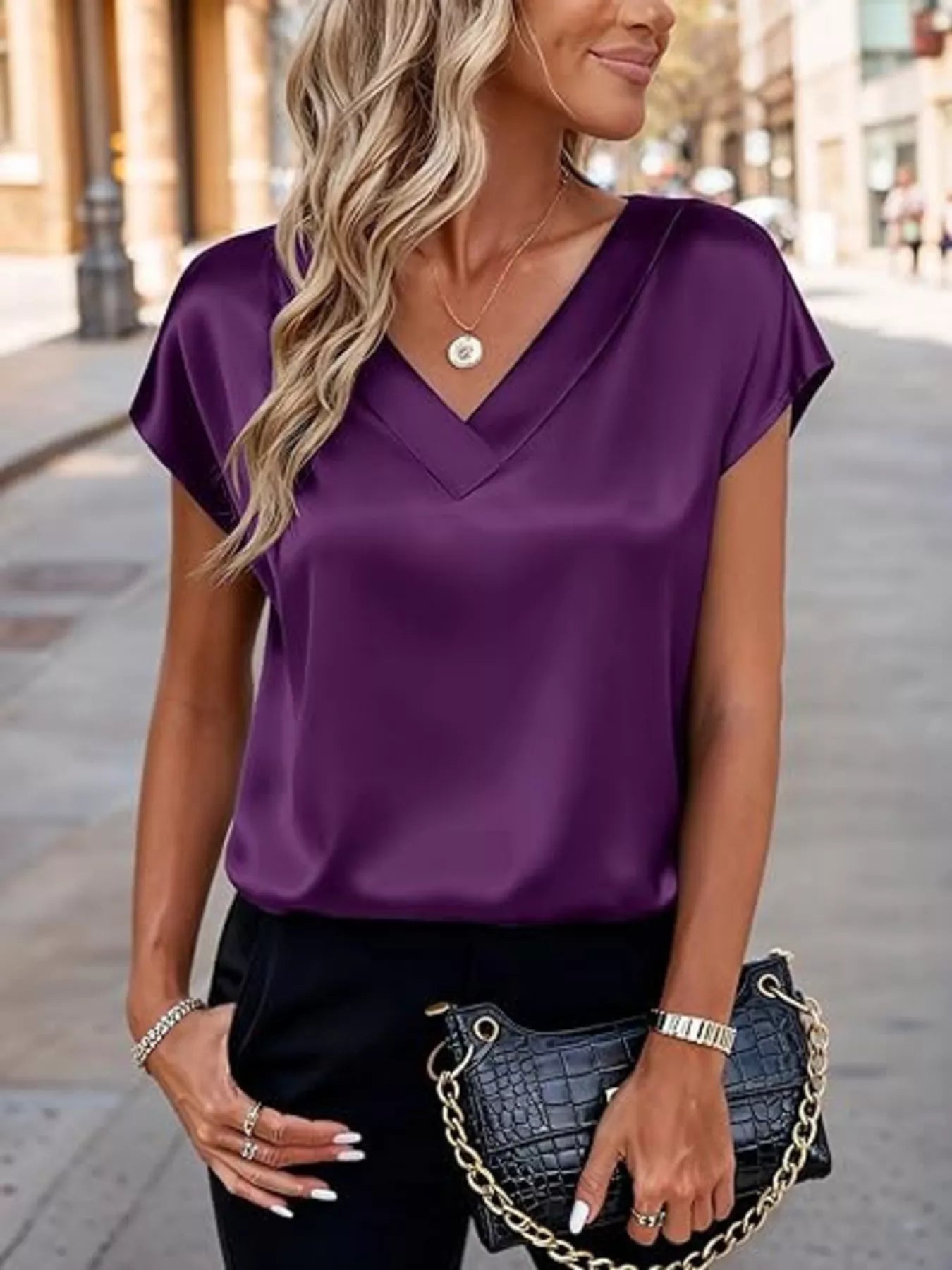 Satin V-Neck Short Sleeve Blouse