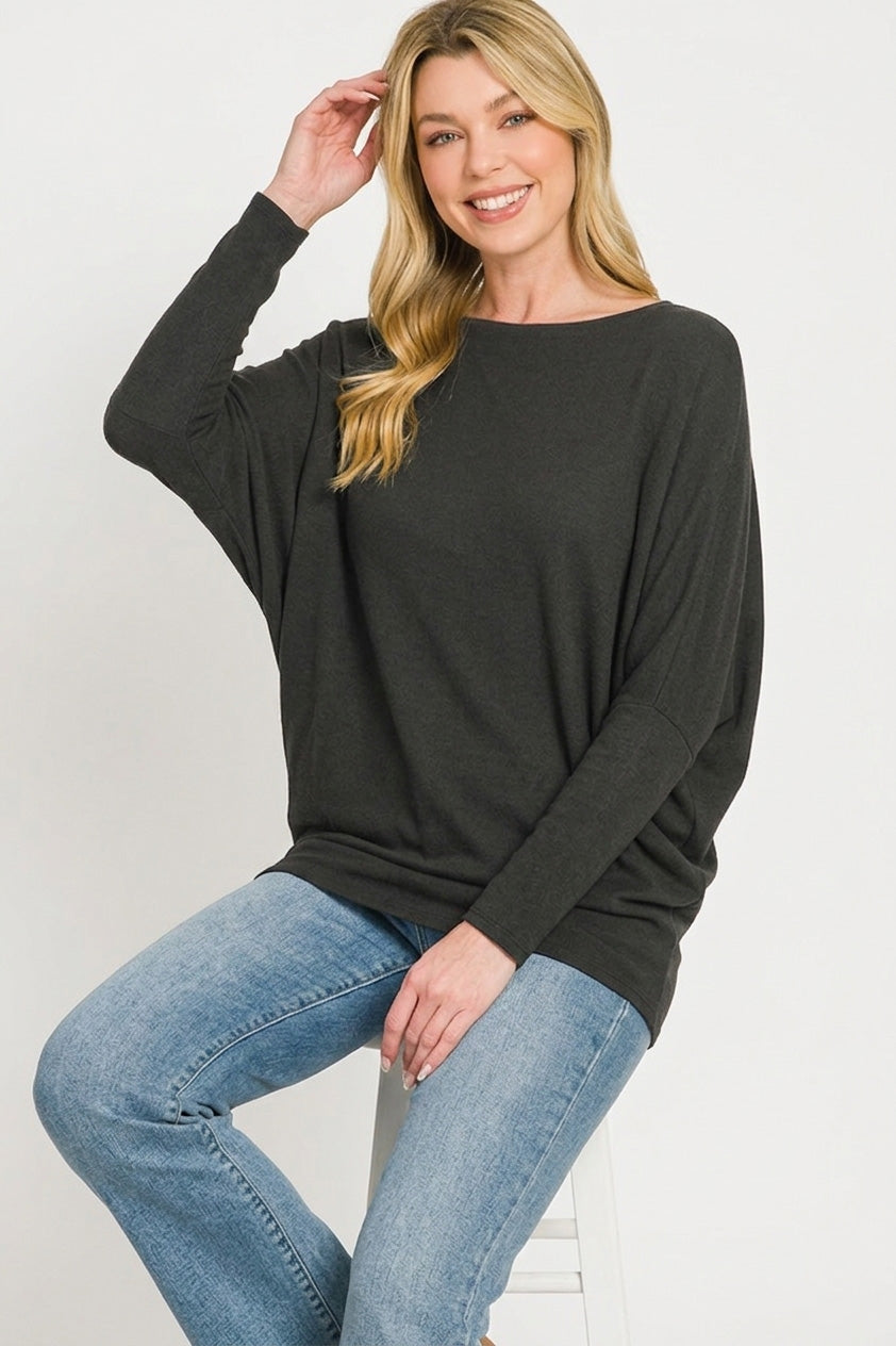 Zenana Hacci Dolman Sleeve Boat Neck Top