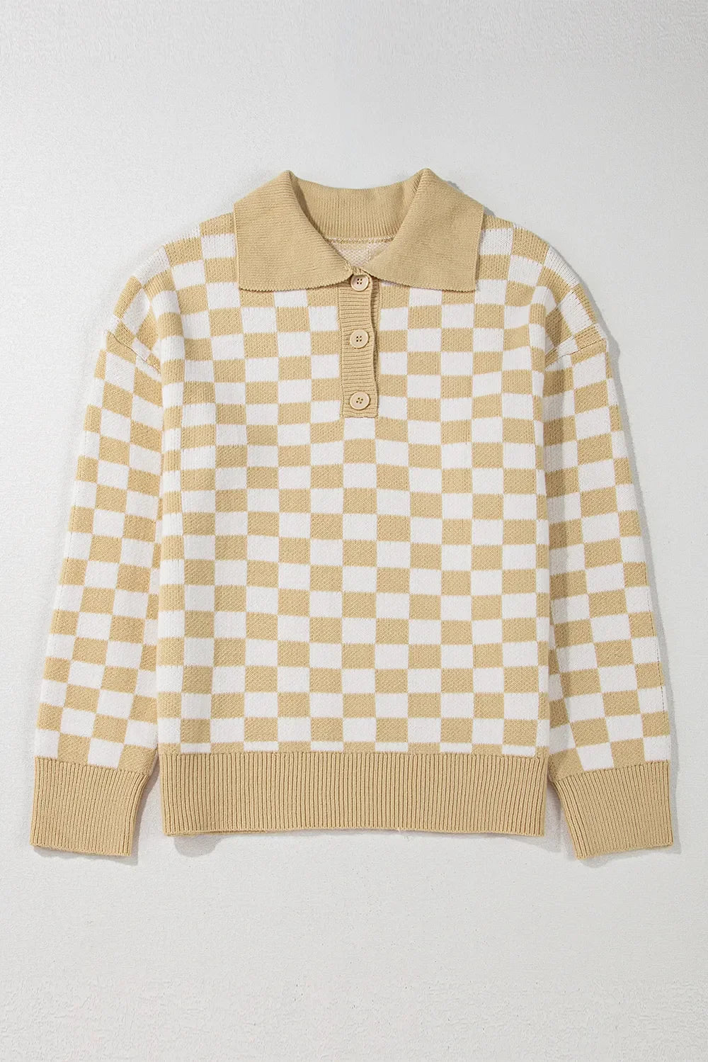 Checkered Collared Neck Long Sleeve Sweater
