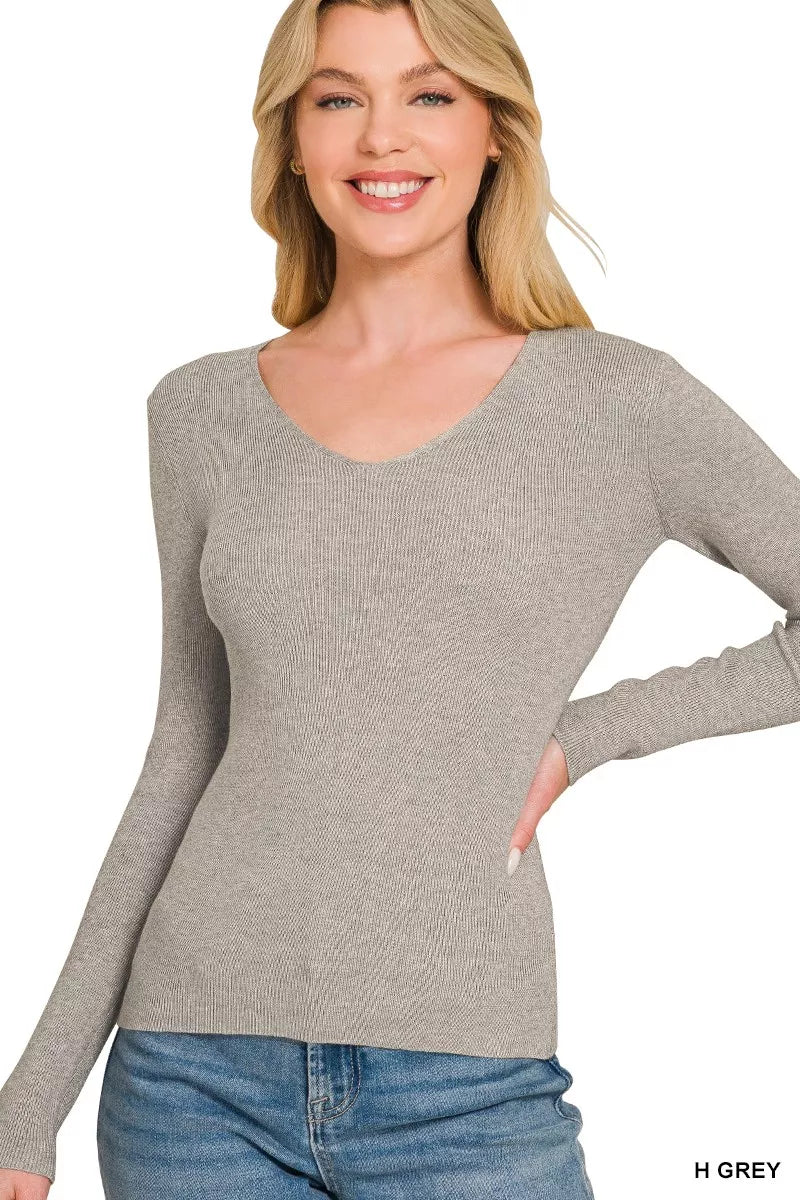 Zenana Viscose Fitted V-neck Sweater