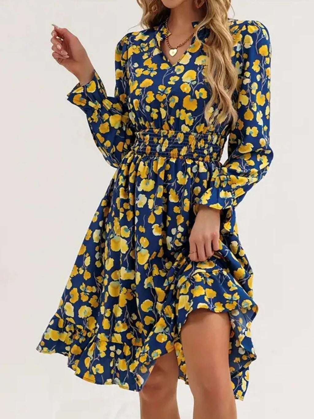 Floral Notched Flounce Sleeve Dress