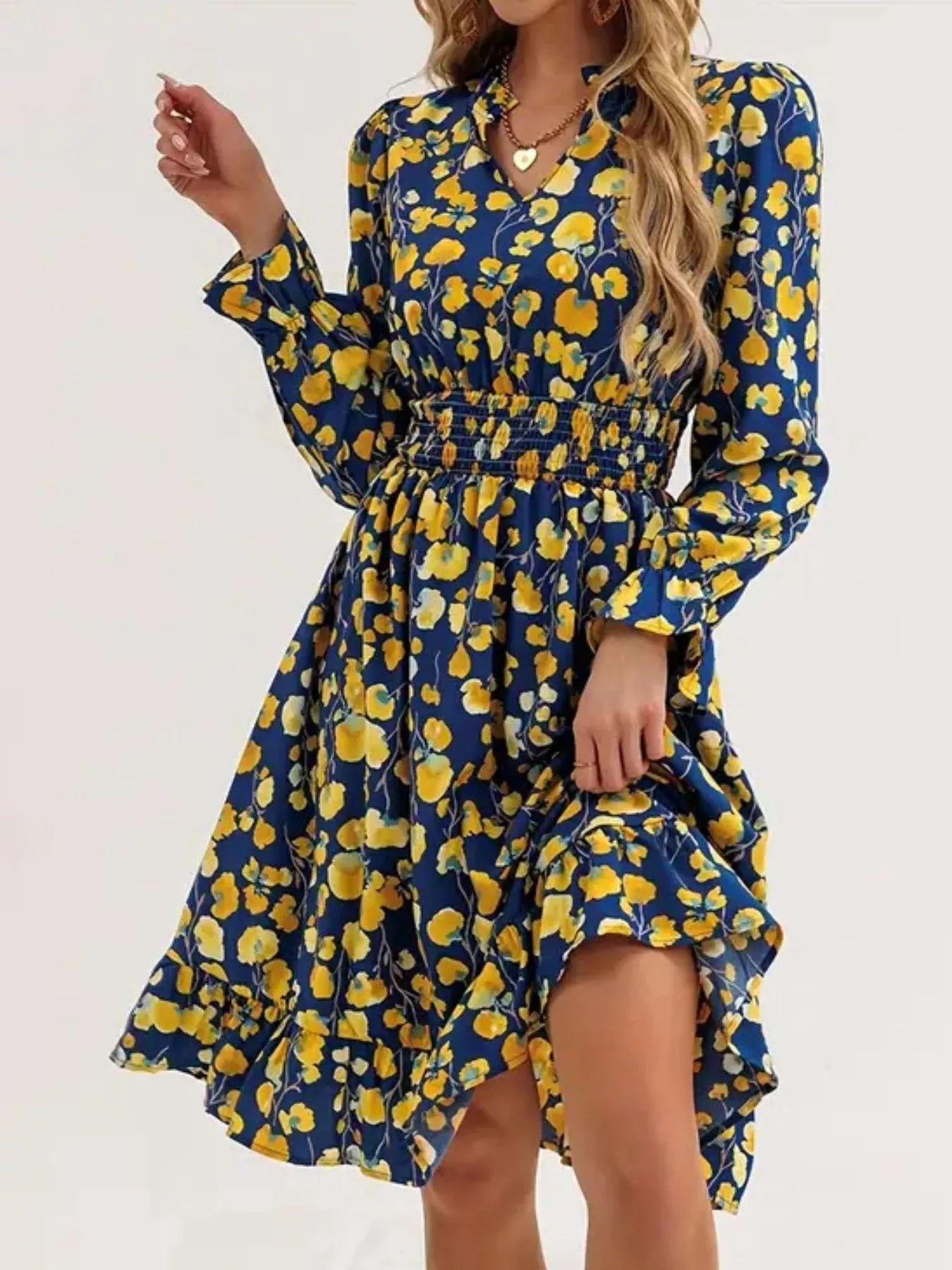 Floral Notched Flounce Sleeve Dress