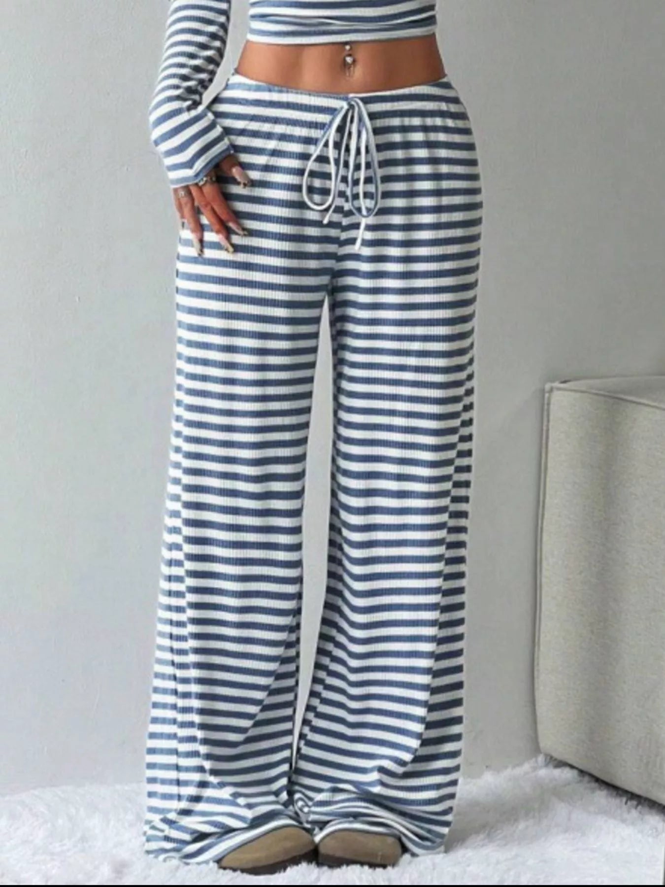 Striped Long Sleeve Crop Top and Wide Leg Pants Set