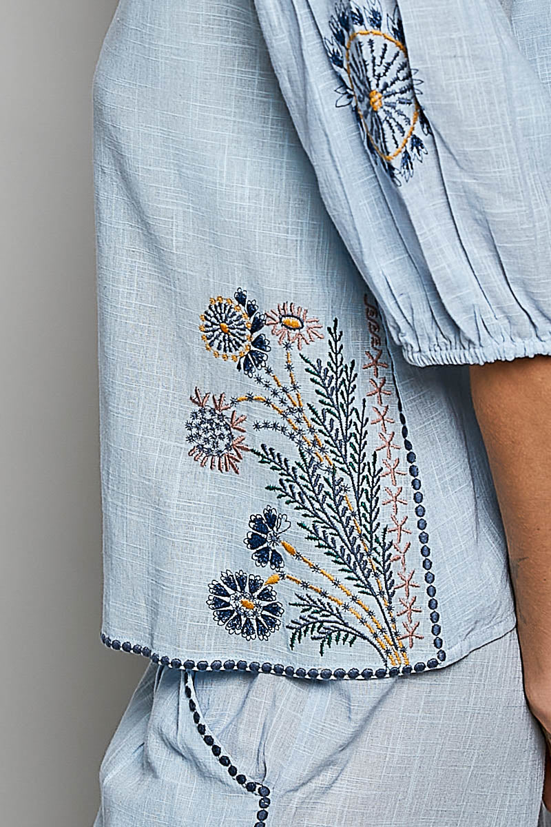 POL Button Down Embroidered Floral Short Sleeve Shirt
