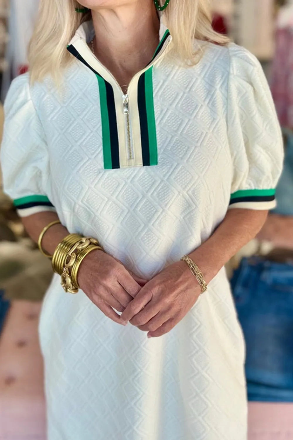 Striped Collared Zip Up Textured Dress