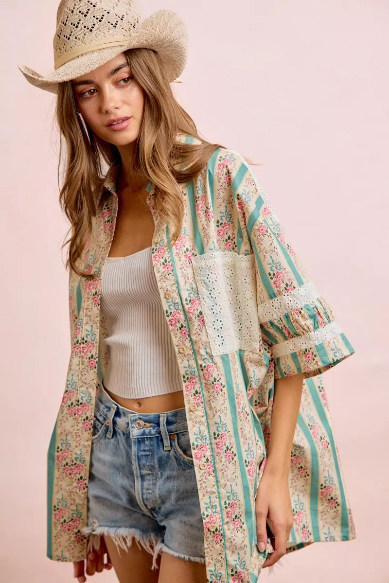 BiBi Eyelet Lace And Floral Mix And Match Shirt Top