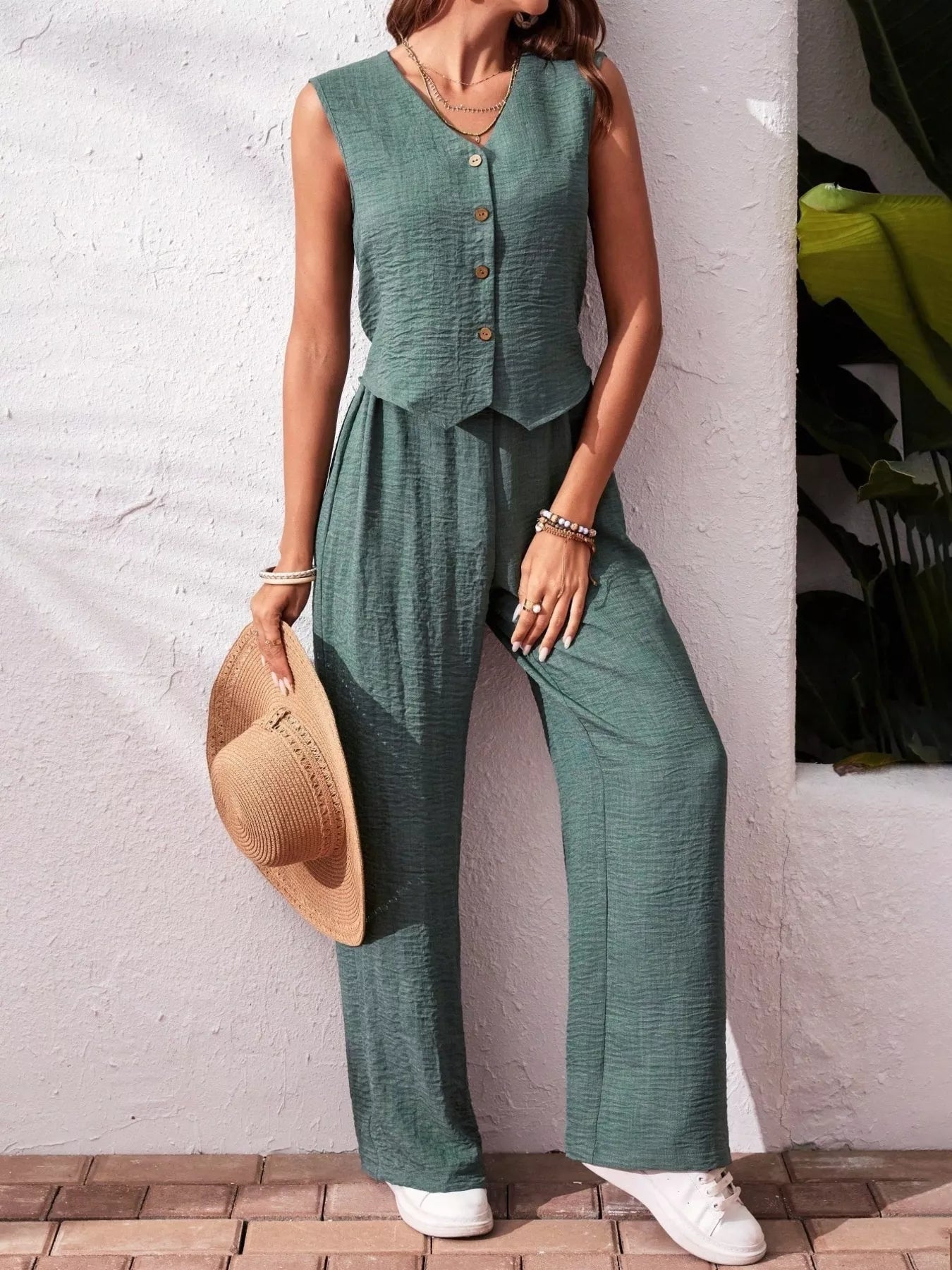 Button-Down Vest & Wide Leg Pants Set