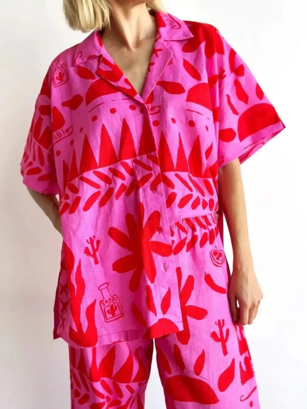 Printed Button Up Shirt and Pants Set