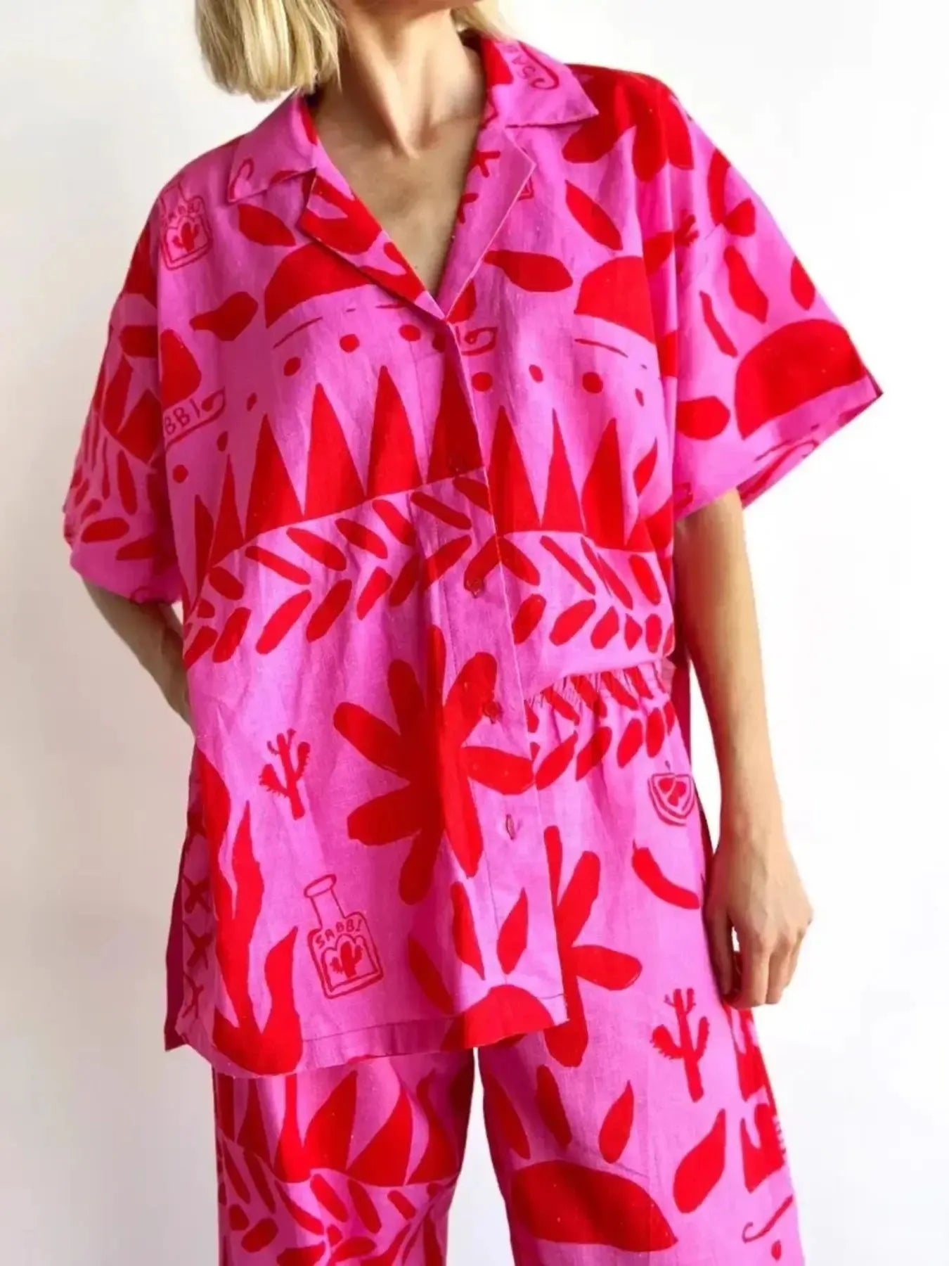 Printed Button Up Shirt and Pants Set