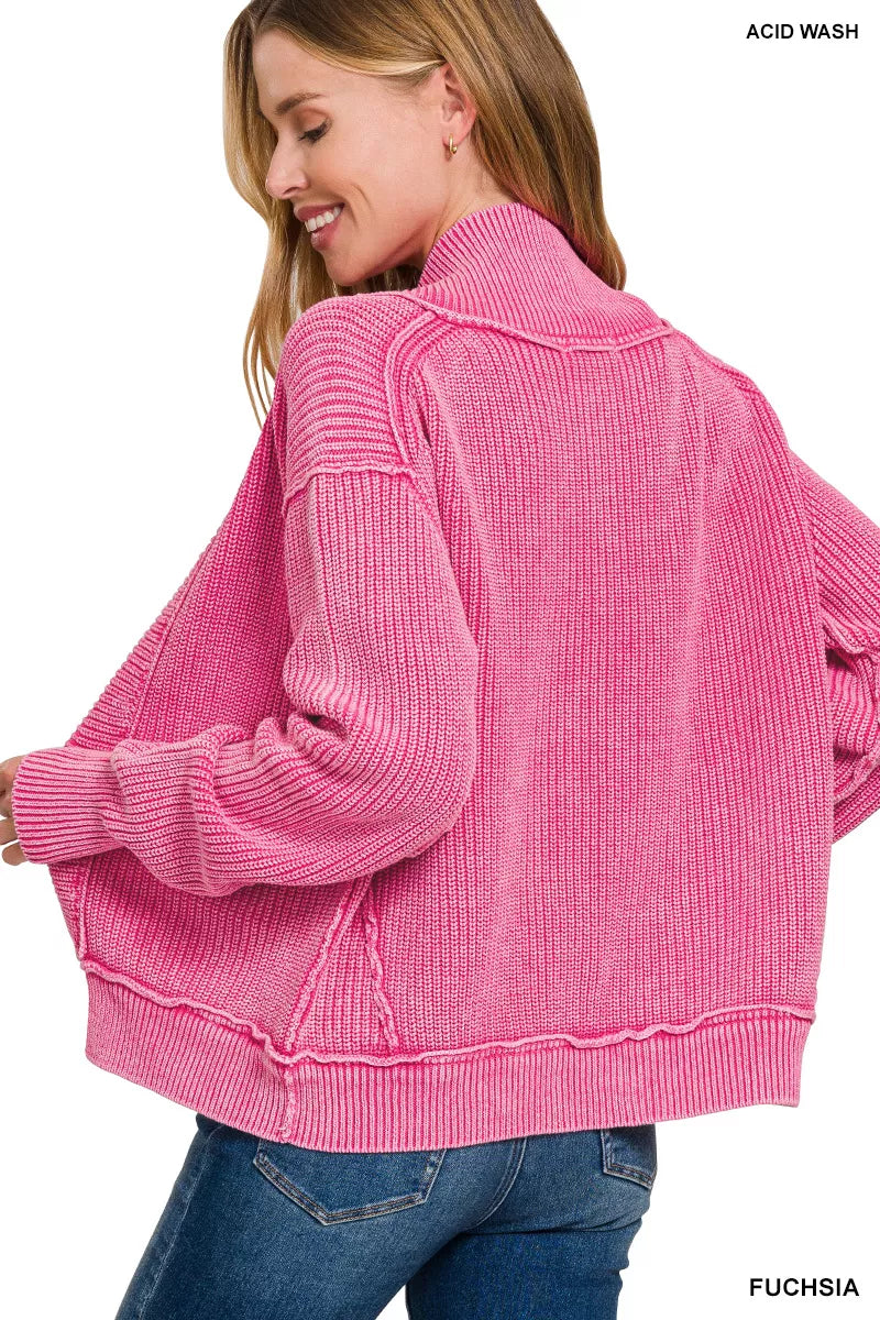 Zenana Washed Dropped Shoulder Cardigan with Side Pockets