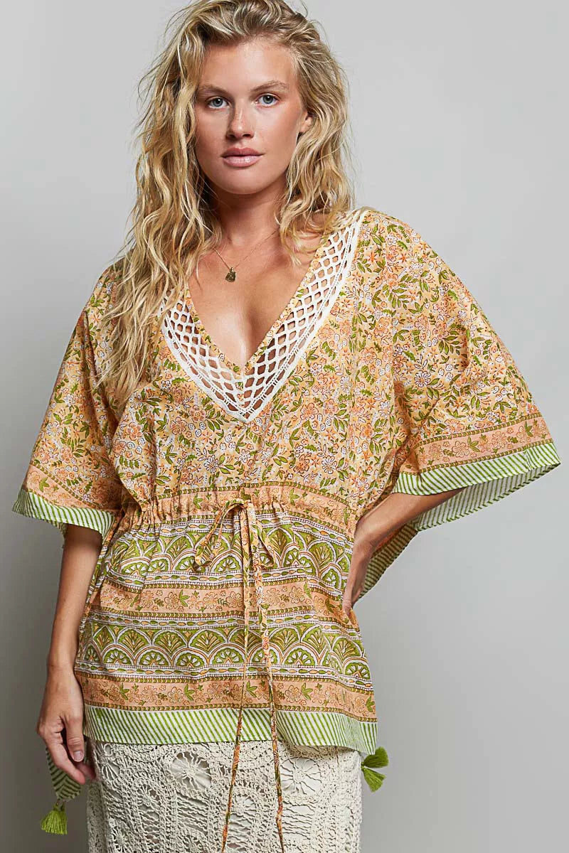 POL Block Print Floral Tie Front Boho Blouse