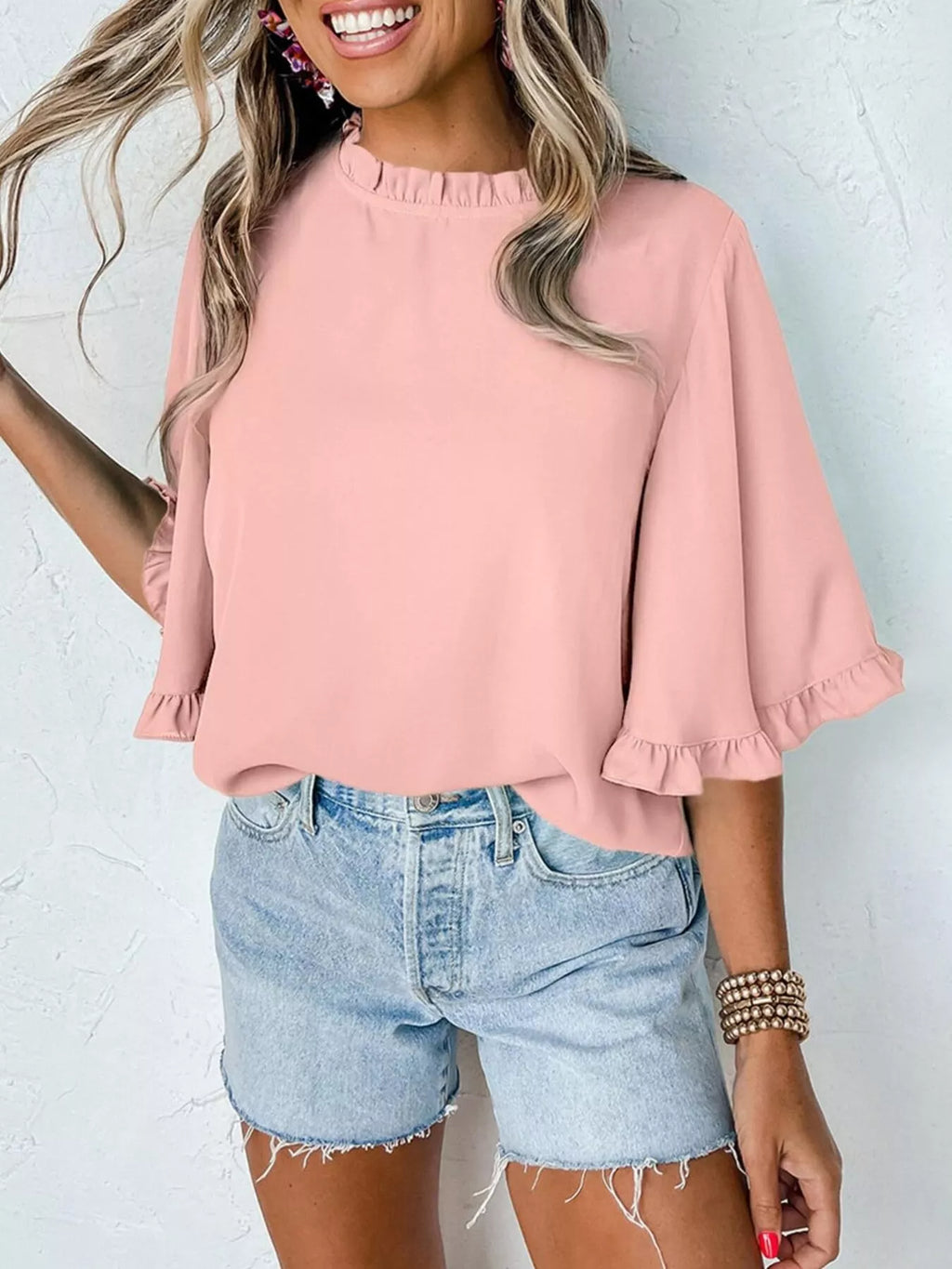 Ruffle Trim Half Sleeve Blouse