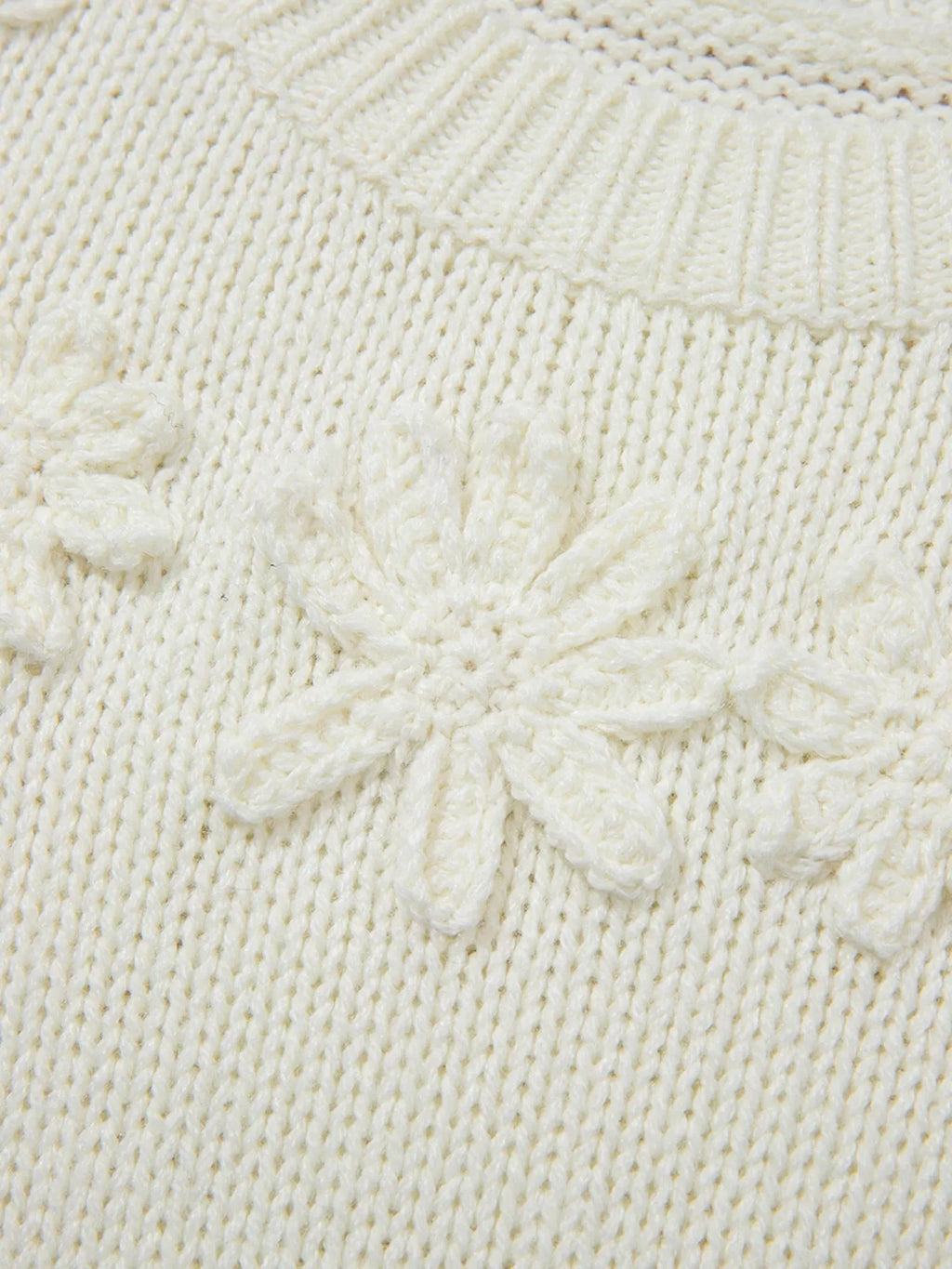 Flower Detail Round Neck Contrast Textured Puff Sleeve Sweater