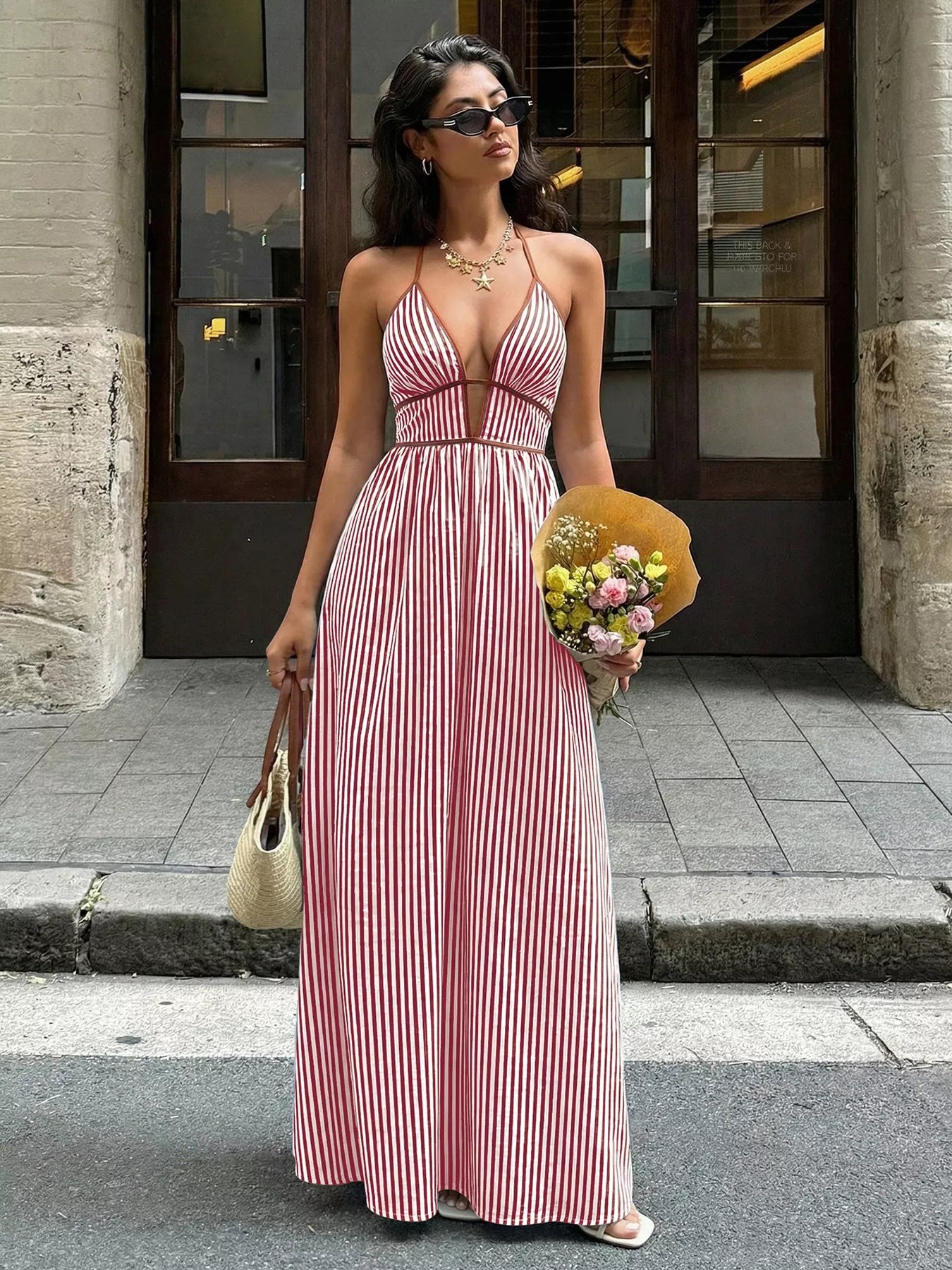 Striped Halter Neck Maxi Dress