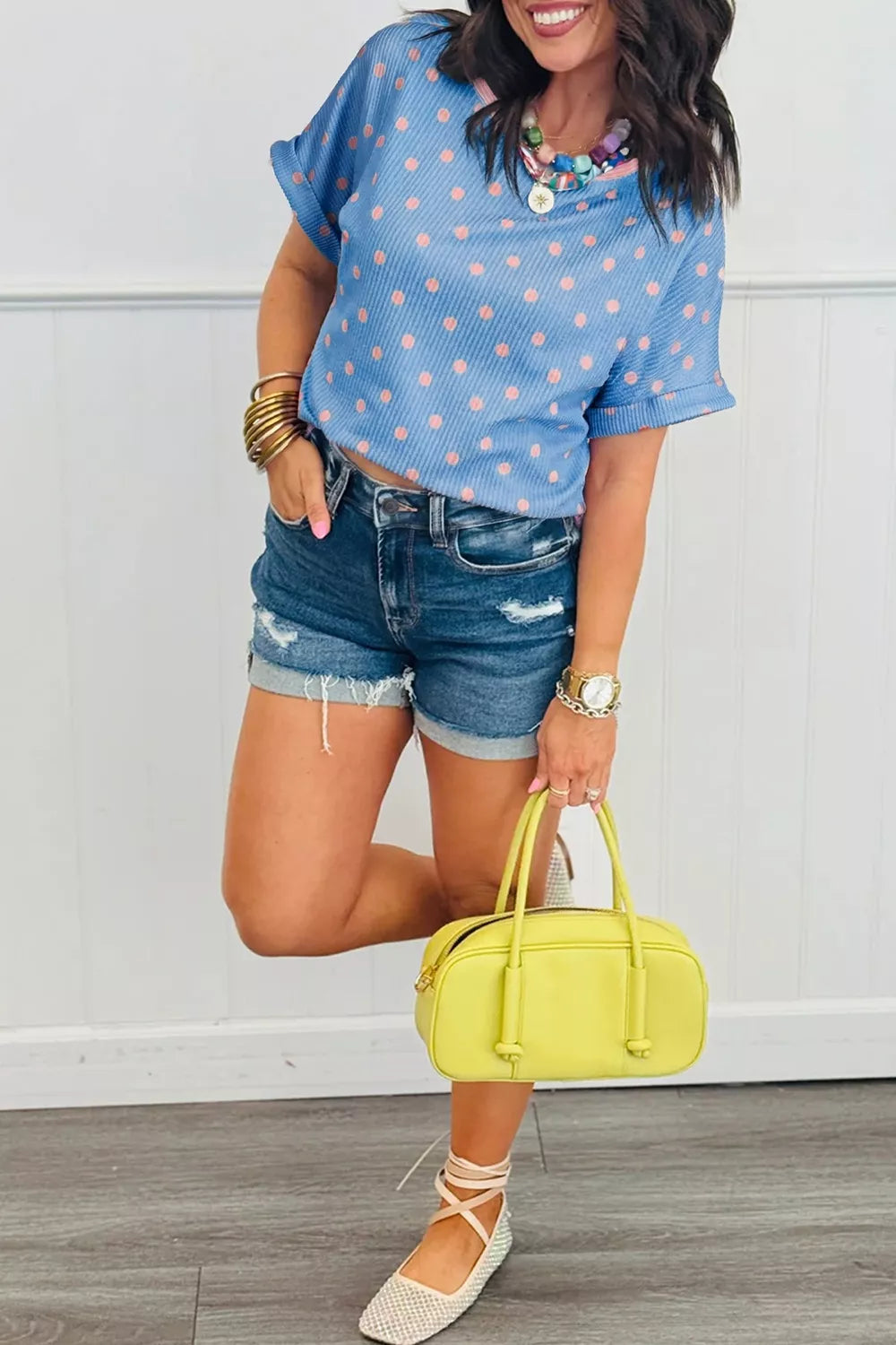 Casual Polka Dot Print Ribbed Knit T-Shirt