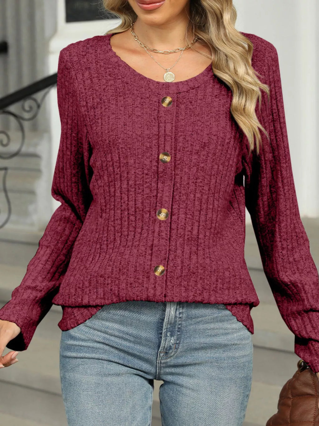 Ribbed Round Neck Long Sleeve Top