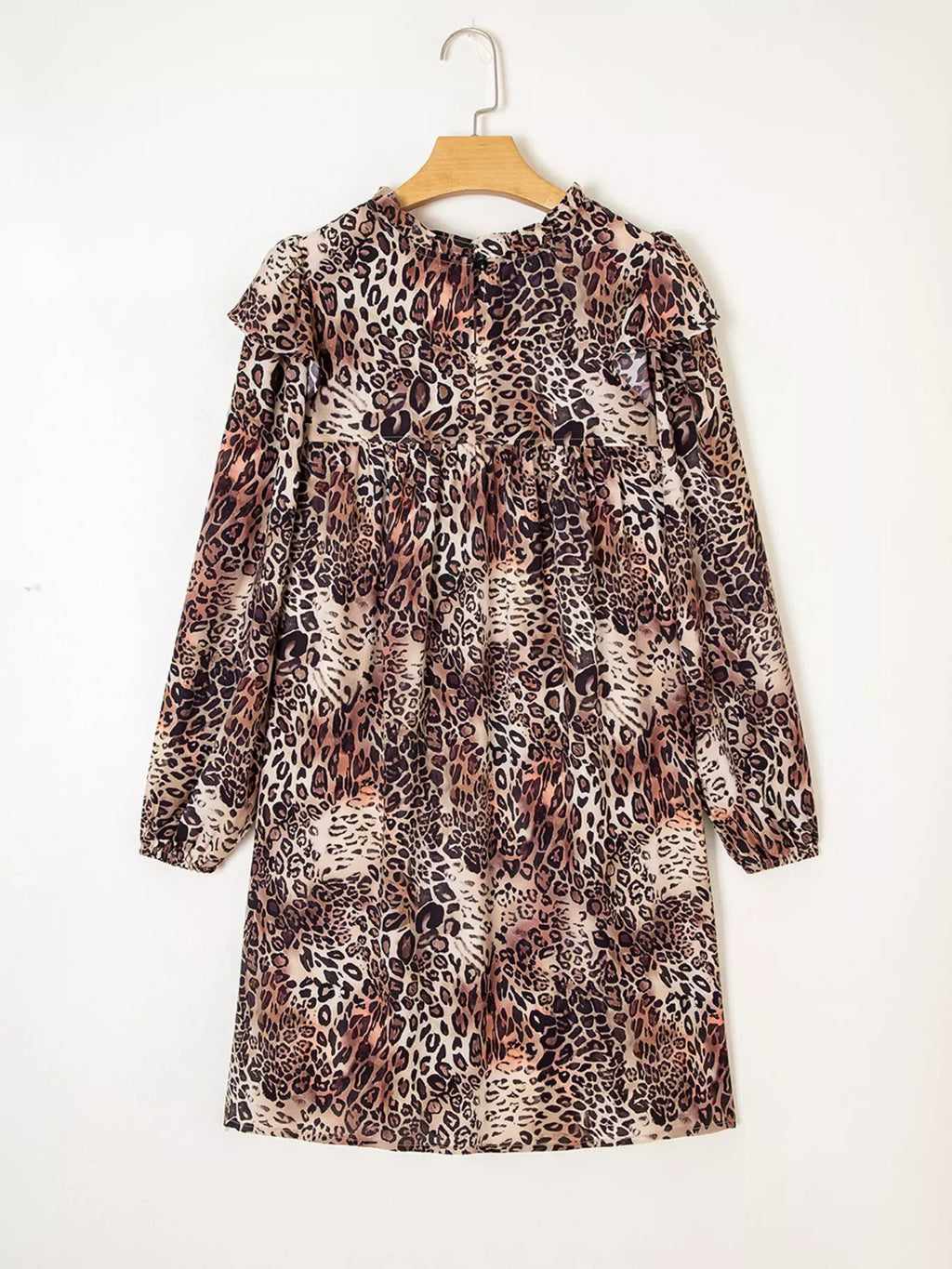 Leopard Ruffled Detail Long Sleeve Loose Mini Dress