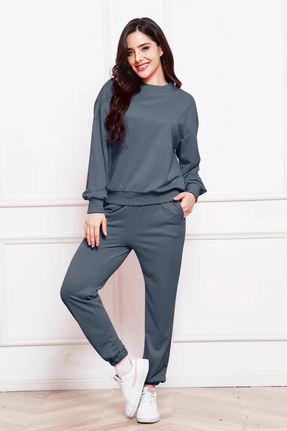 Round Neck Long Sleeve Sweatshirt and Pants Set