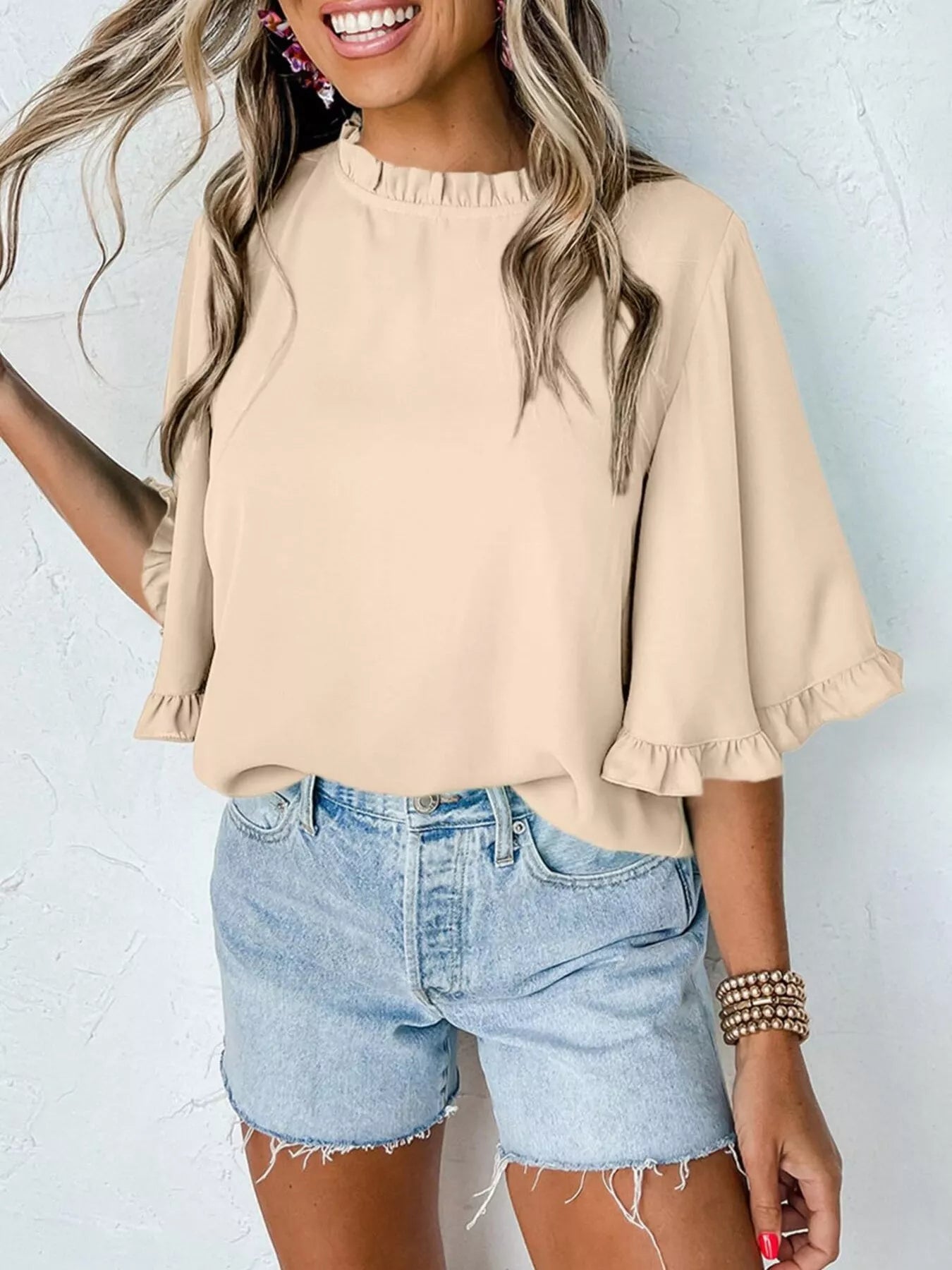 Ruffle Trim Half Sleeve Blouse