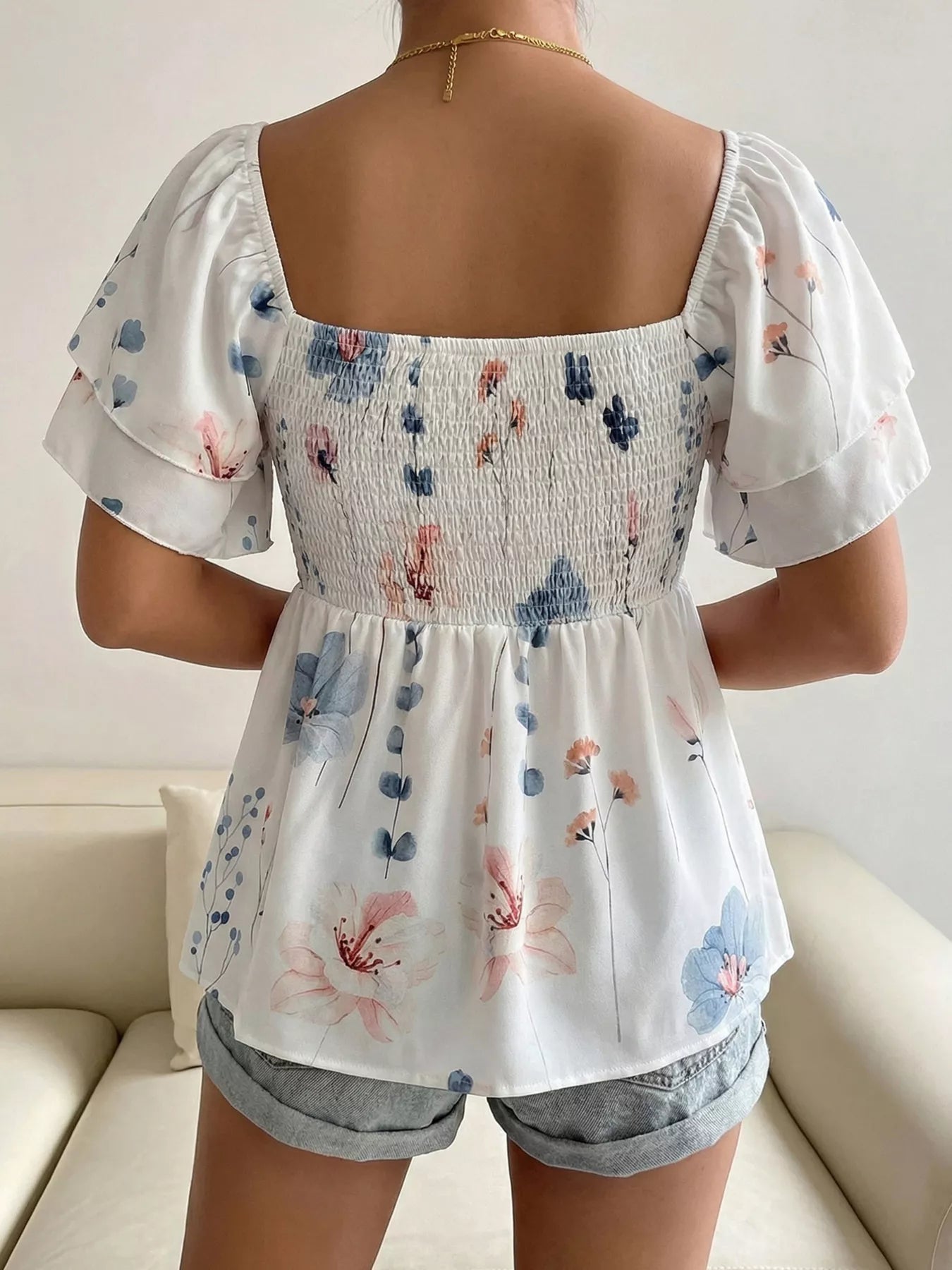 Smocked Square Neck Flutter Sleeve Blouse