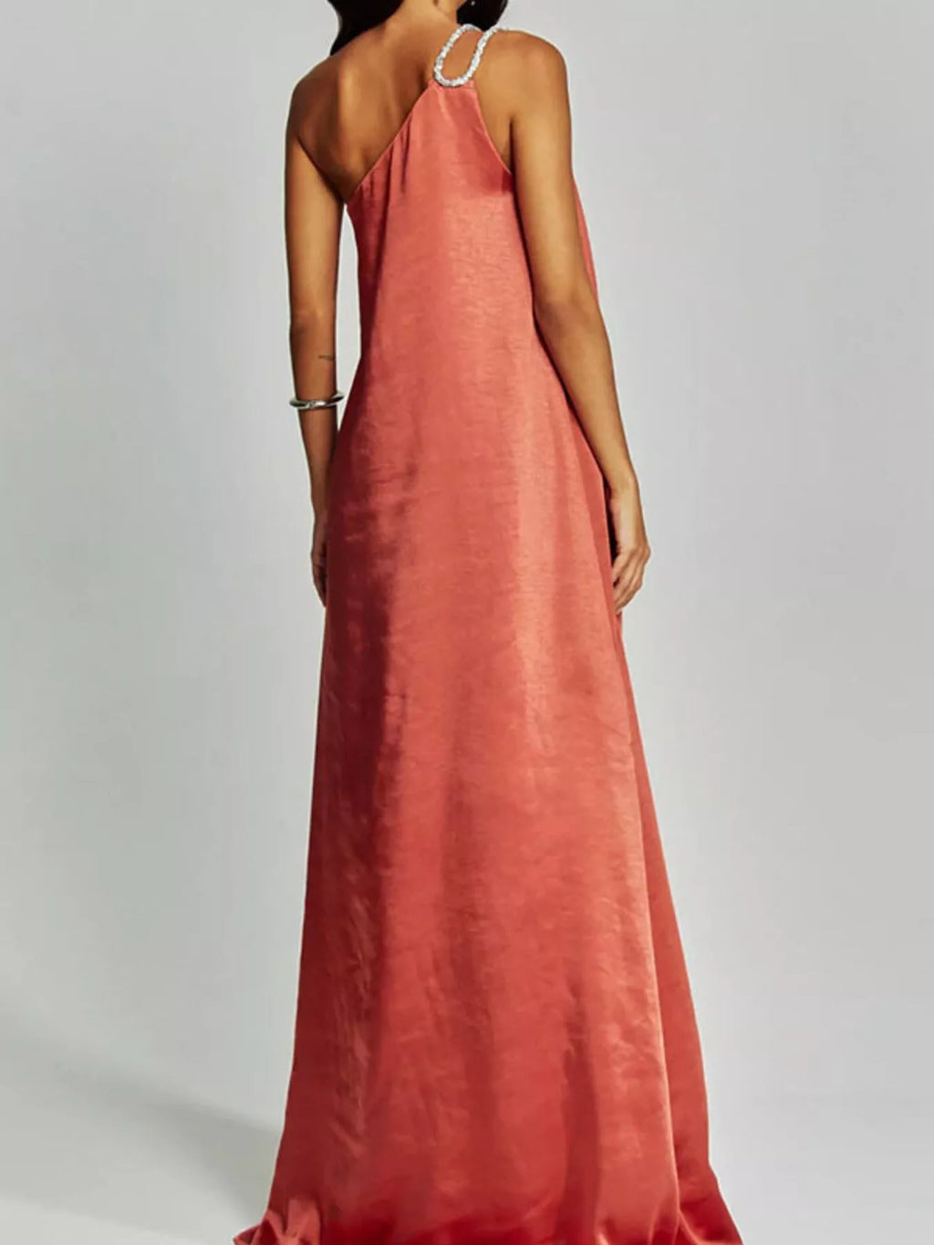 One-Shoulder Rhinestone Satin Maxi Dress