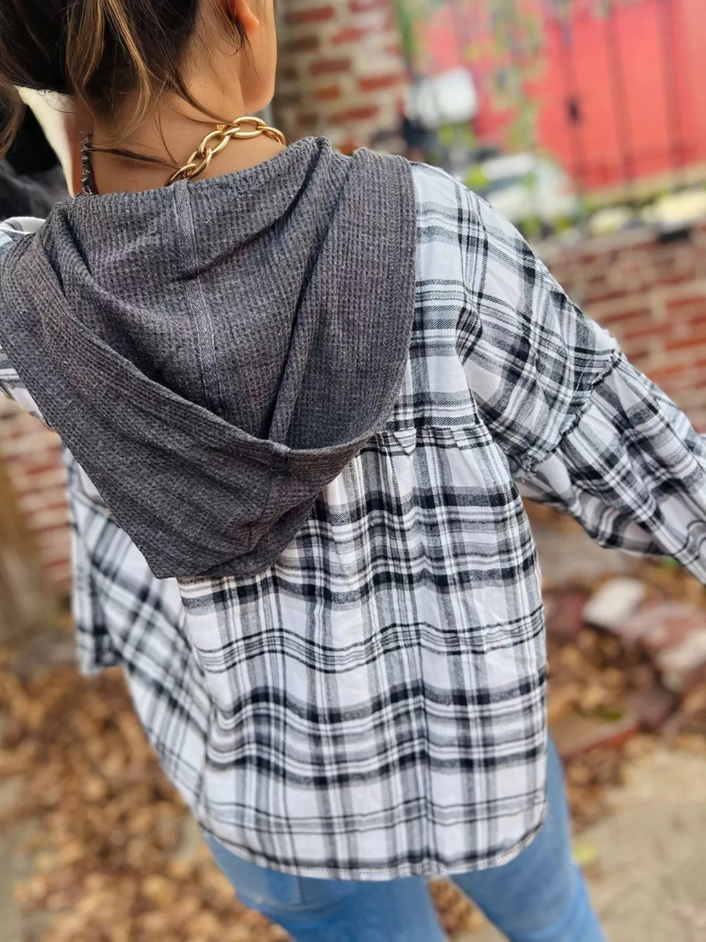 Plaid Long Sleeve Hooded Top