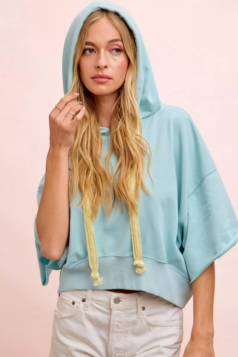 BiBi Washed Terry Short Sleeve Drawstring Hoodie Top