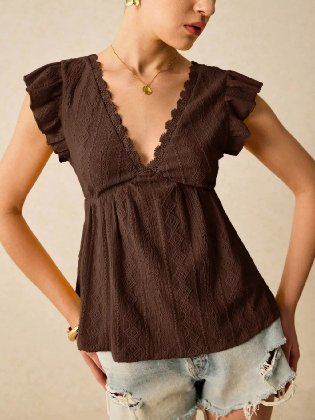 Ruffle Sleeve V-Neck Blouse