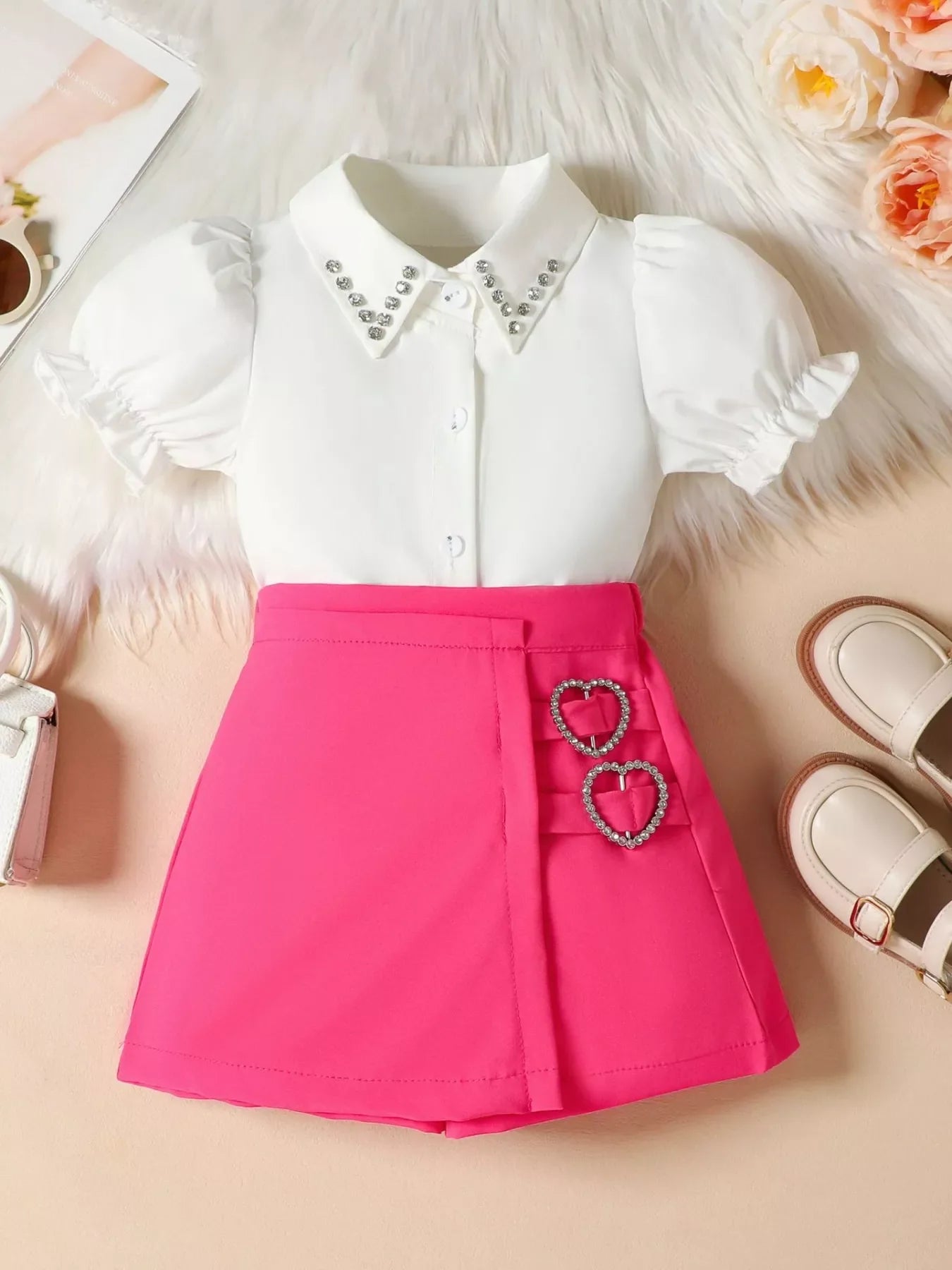 Children’s Rhinestone Collar Blouse & Heart Buckle Skirt Set