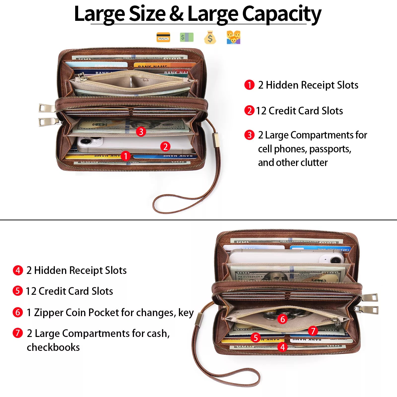Vintage Style Double Zipper Leather Wallet
