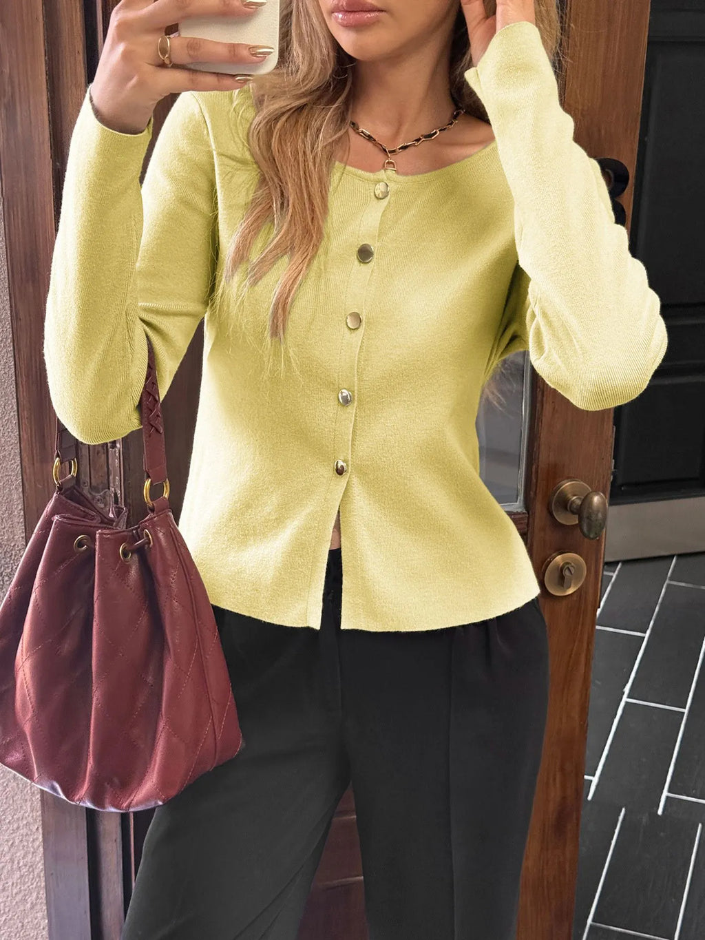Button-Up Long Sleeve Knit Cardigan