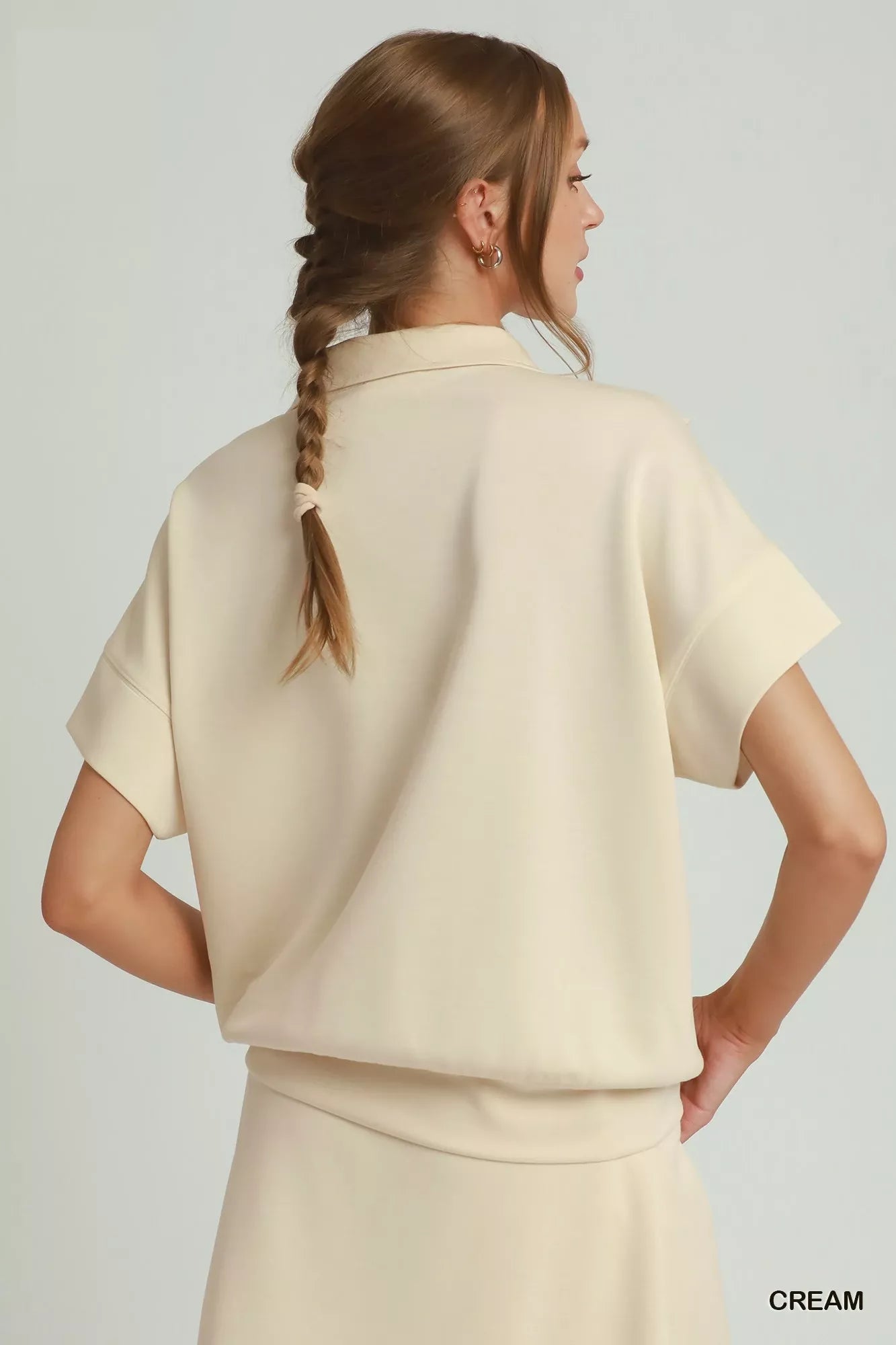 Umgee Ruffle Quarter Zip Short Sleeve Top