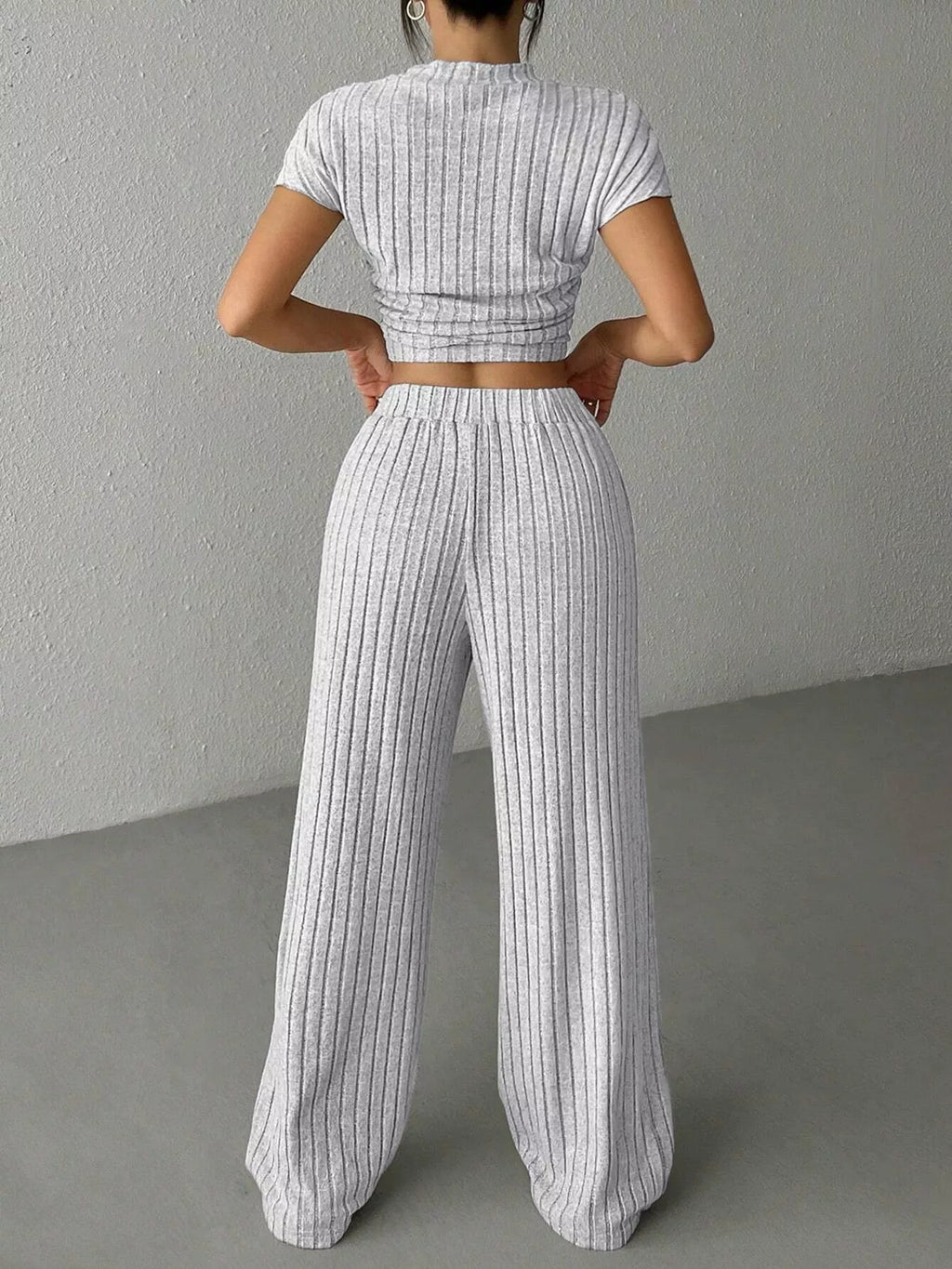 Ribbed Knit Top and Wide Leg Pants Set