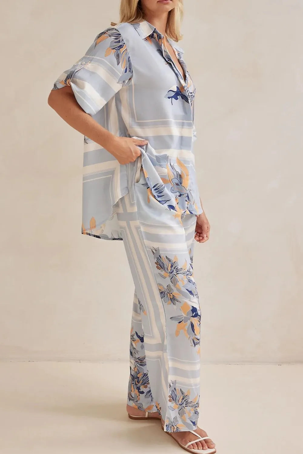 Printed Button Up Shirt and Pants Set