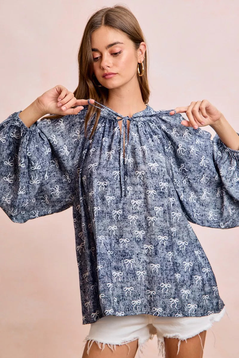 BiBi Ribbon Bow Print Exaggerated Balloon Sleeves Top
