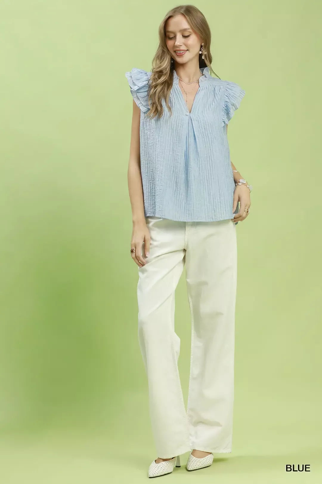 Umgee Textured Ruffle Sleeve Split V Neck Top