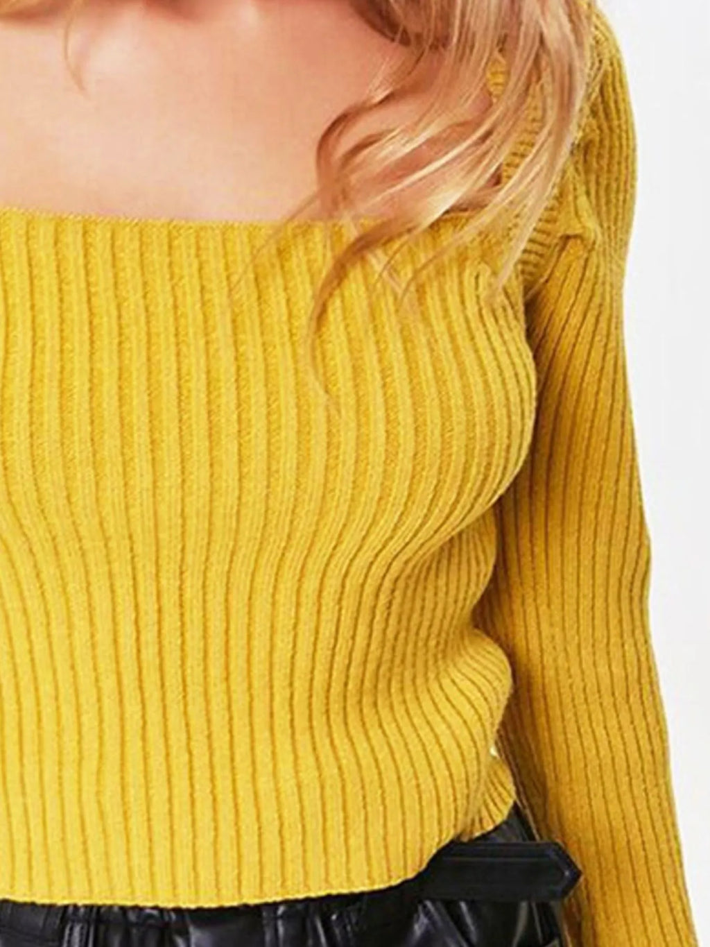Ribbed Square Neck Long Sleeve Sweater