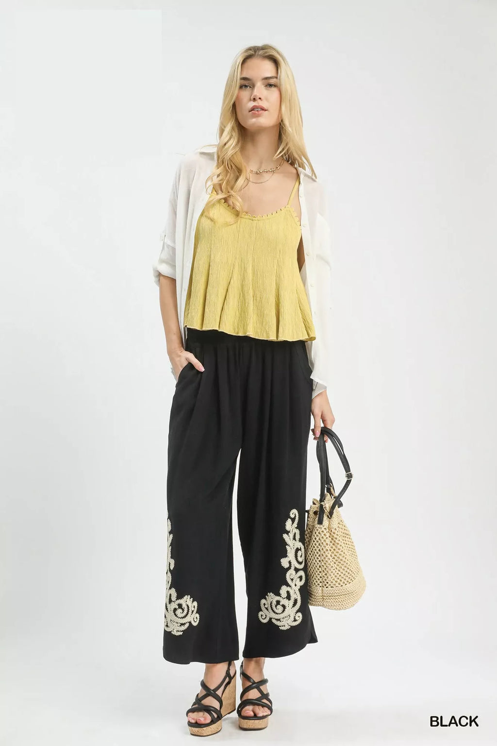 Umgee Linen Embroidered Wide-Leg Boho Pants